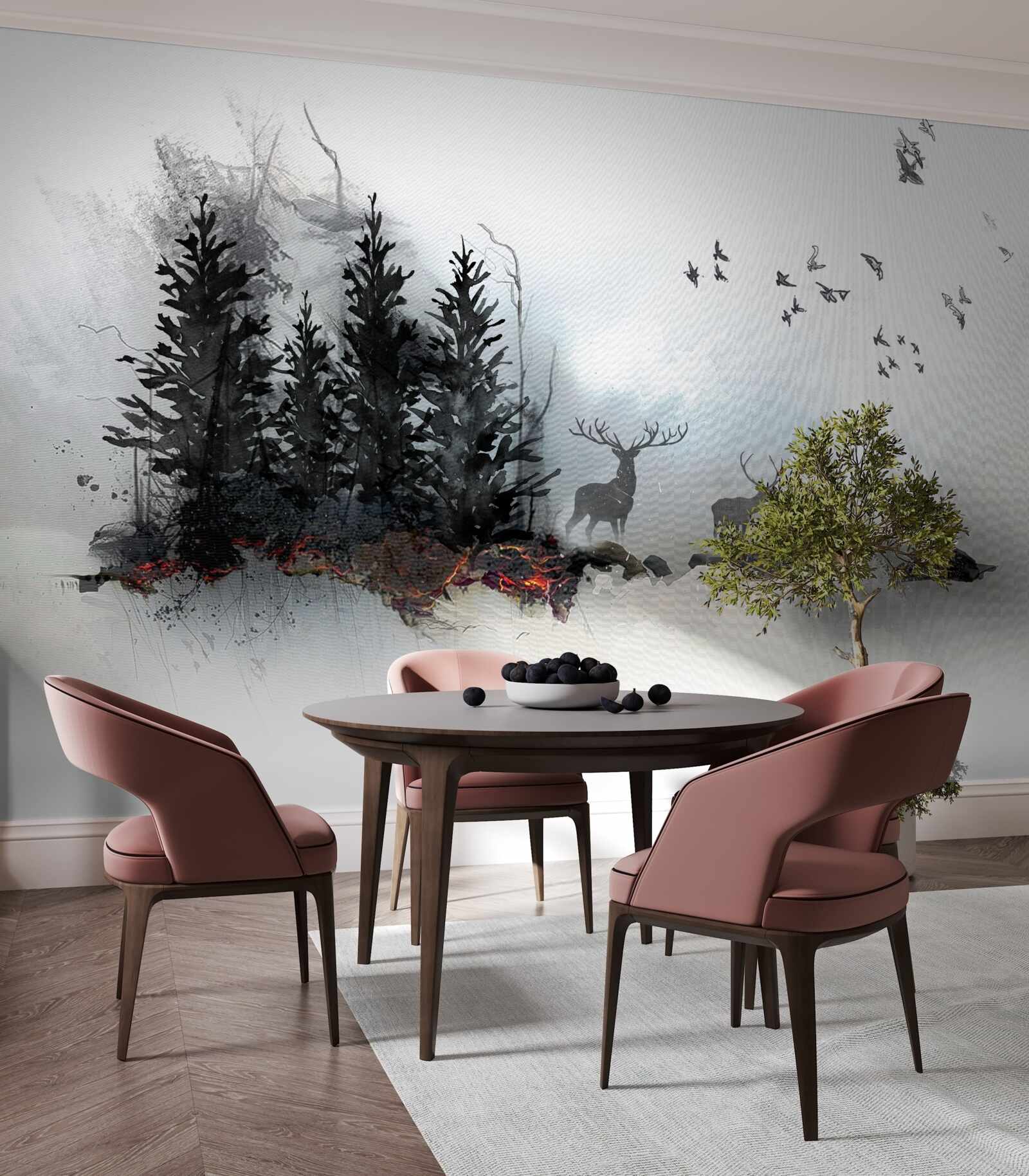 Fototapeta stado ptaków żegna się z jeleniem