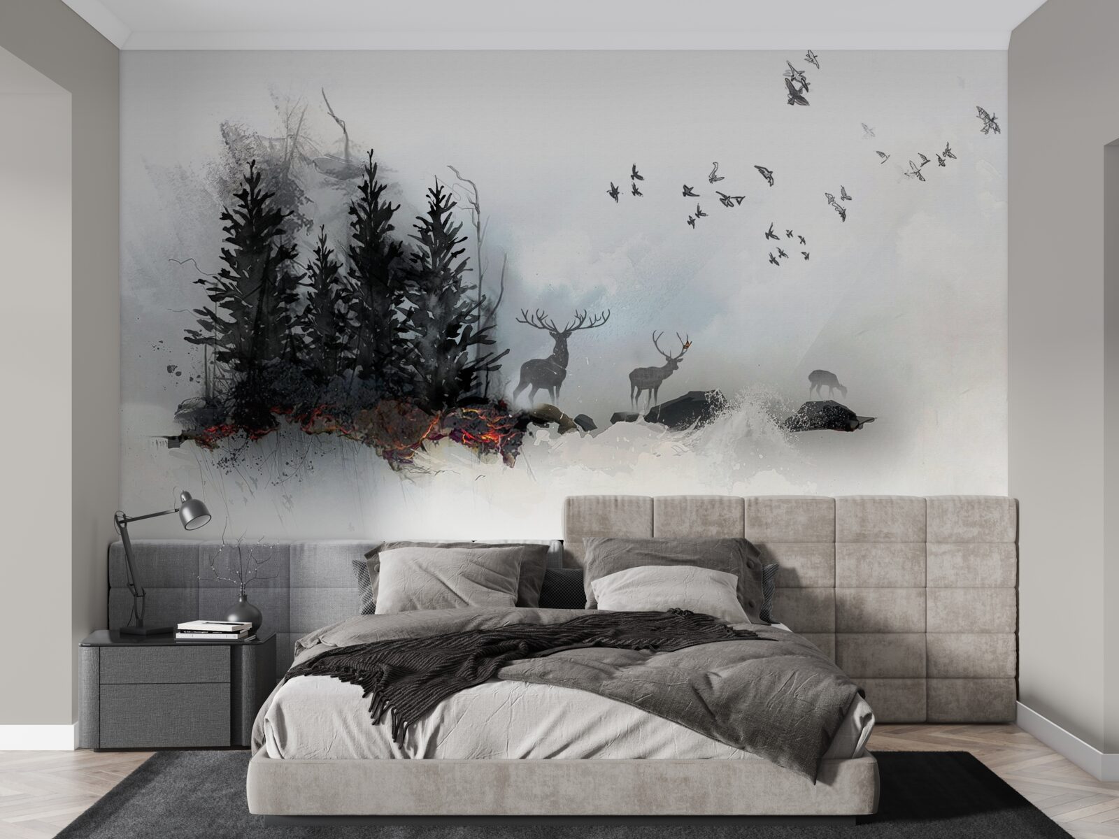 Fototapeta stado ptaków żegna się z jeleniem