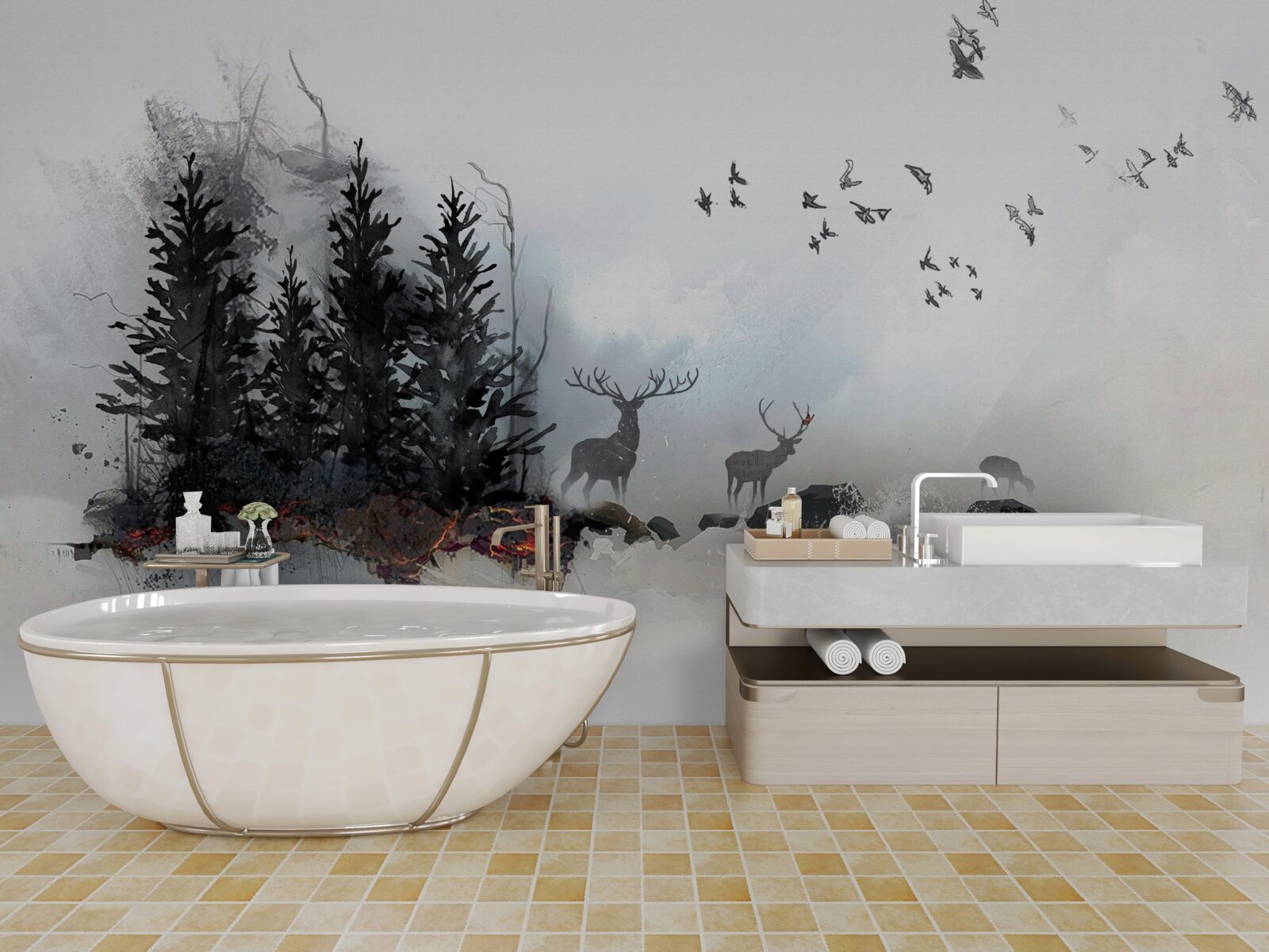 Fototapeta stado ptaków żegna się z jeleniem