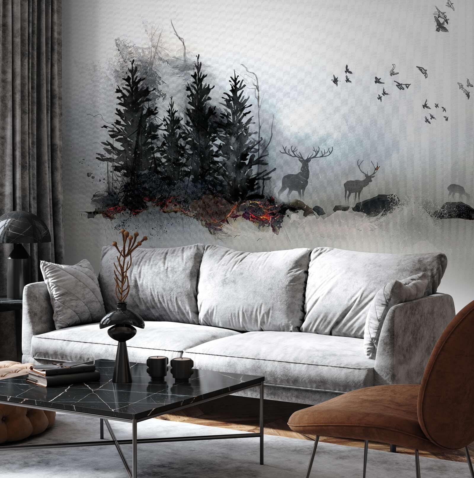 Fototapeta stado ptaków żegna się z jeleniem