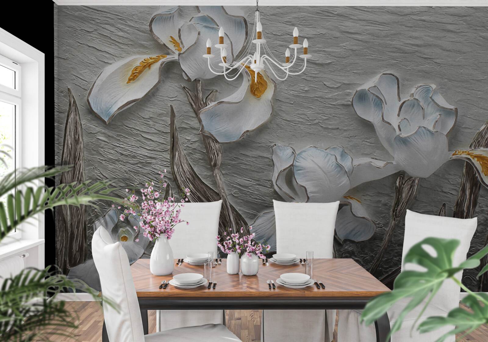 Fototapeta Śnieżnobiałe irysy w silnym podmuchu wiatru