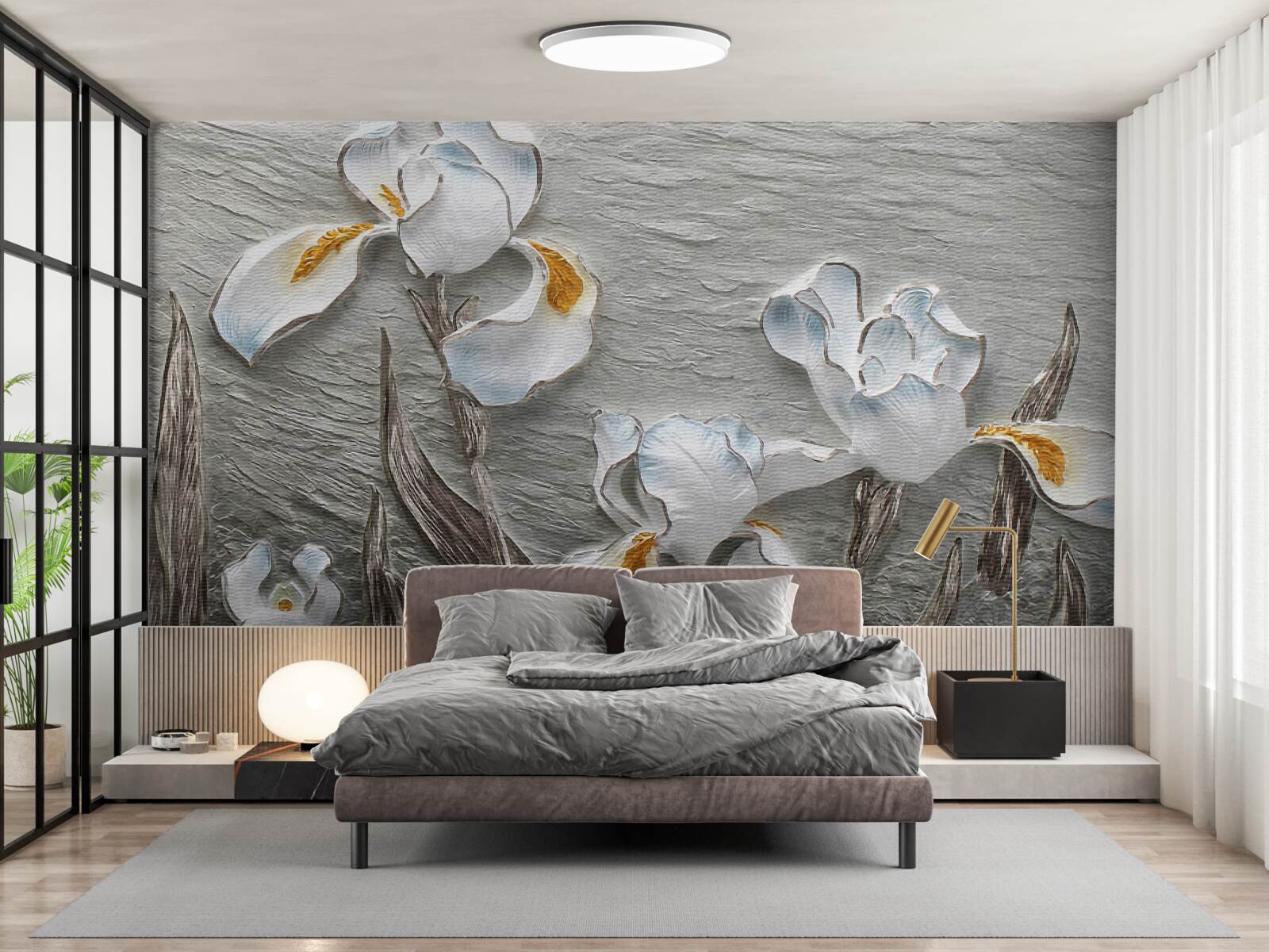 Fototapeta Śnieżnobiałe irysy w silnym podmuchu wiatru