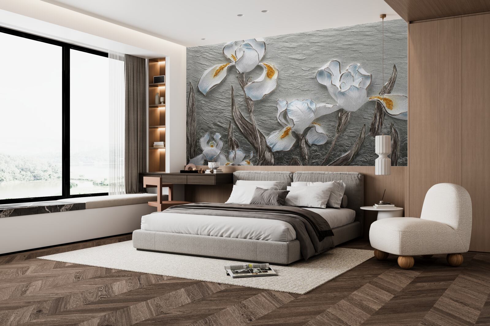 Fototapeta Śnieżnobiałe irysy w silnym podmuchu wiatru