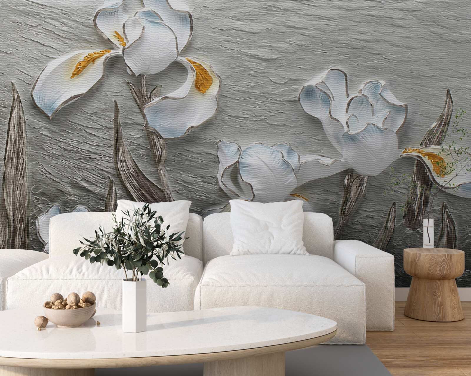 Fototapeta Śnieżnobiałe irysy w silnym podmuchu wiatru