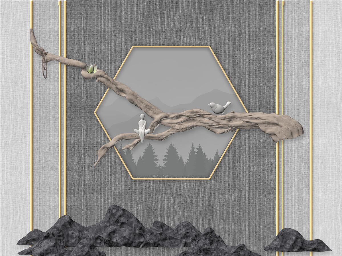 Fototapeta ptaki na gałęzi bonsai nad ciemnymi szczytami górskimi