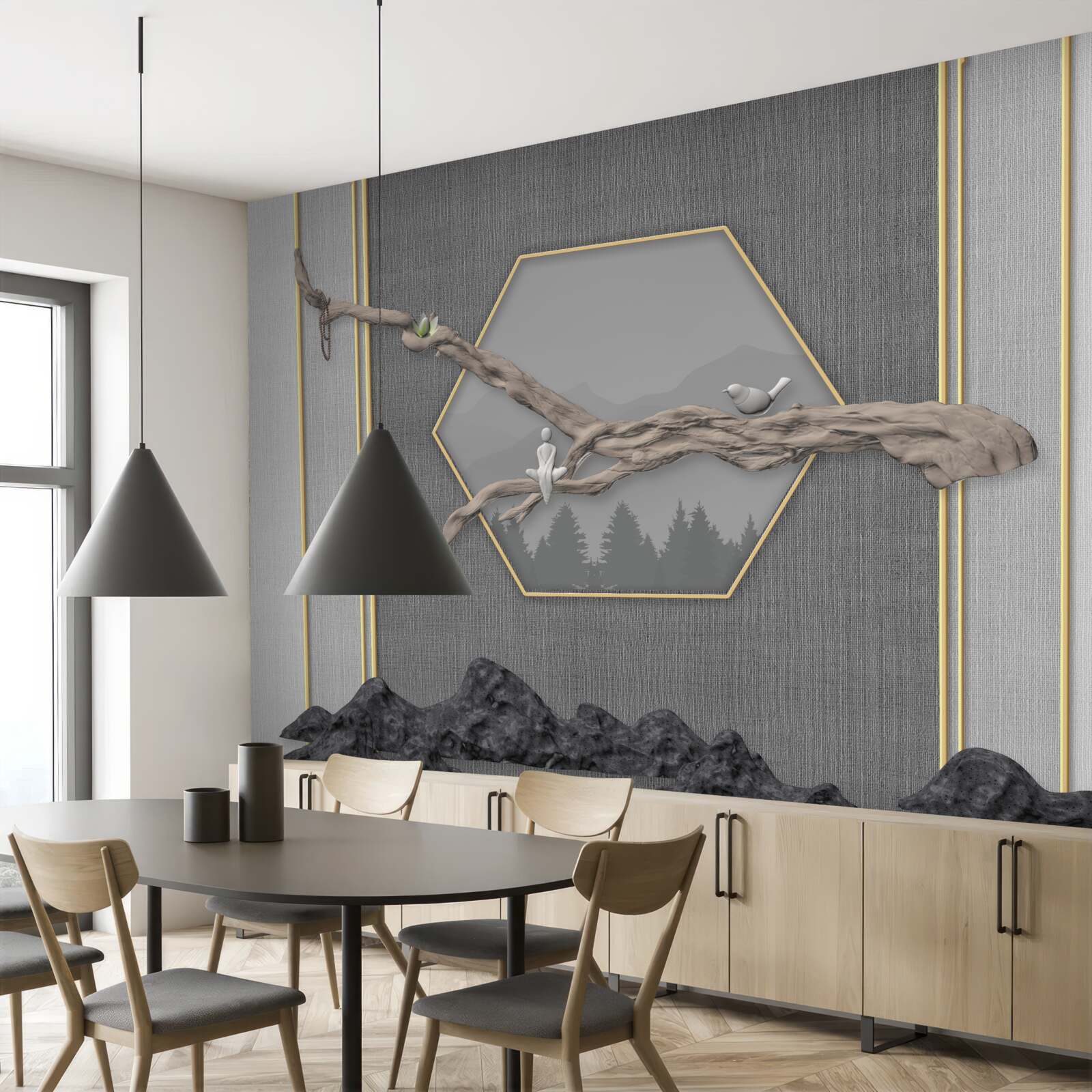 Fototapeta ptaki na gałęzi bonsai nad ciemnymi szczytami górskimi