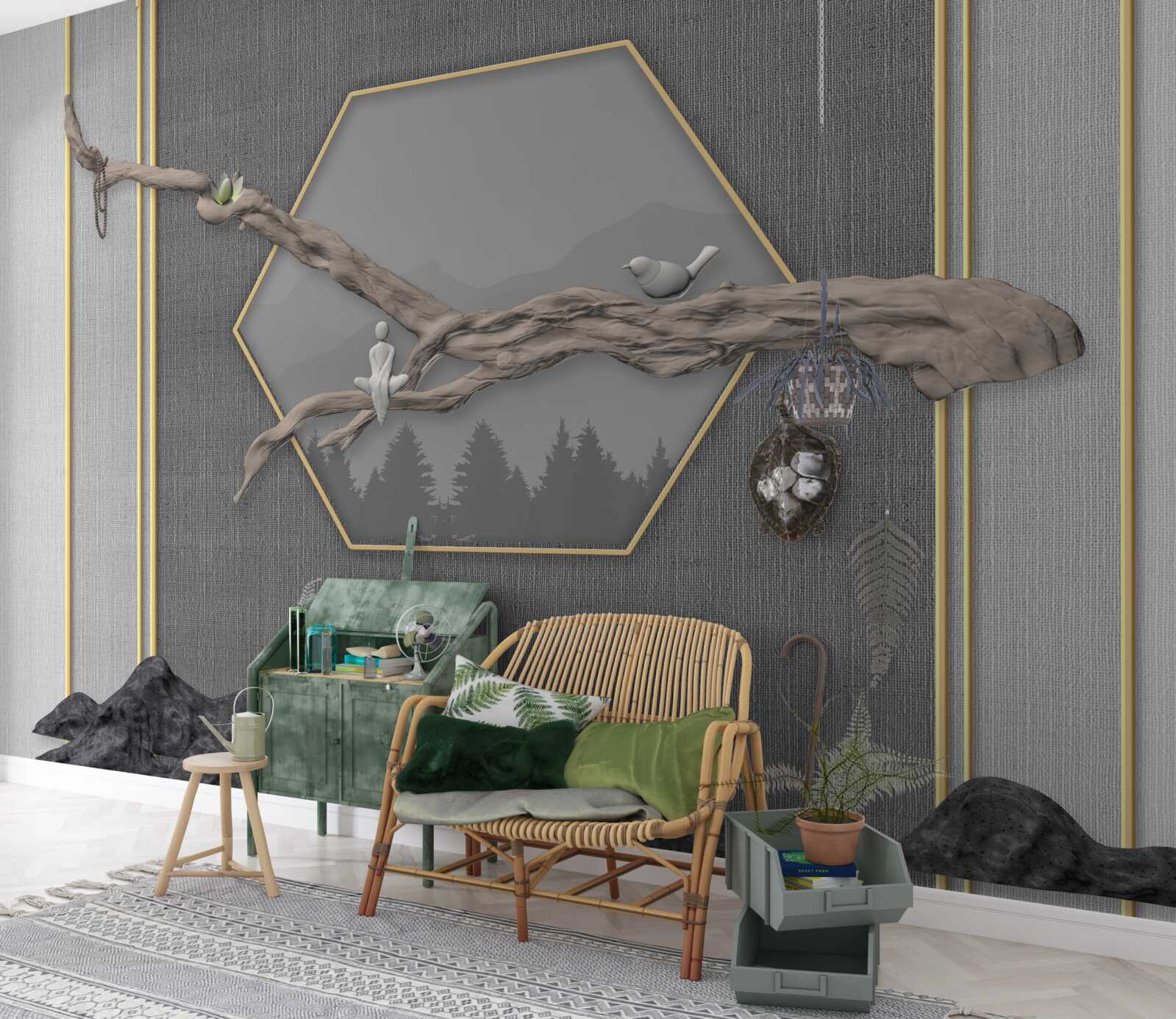 Fototapeta ptaki na gałęzi bonsai nad ciemnymi szczytami górskimi