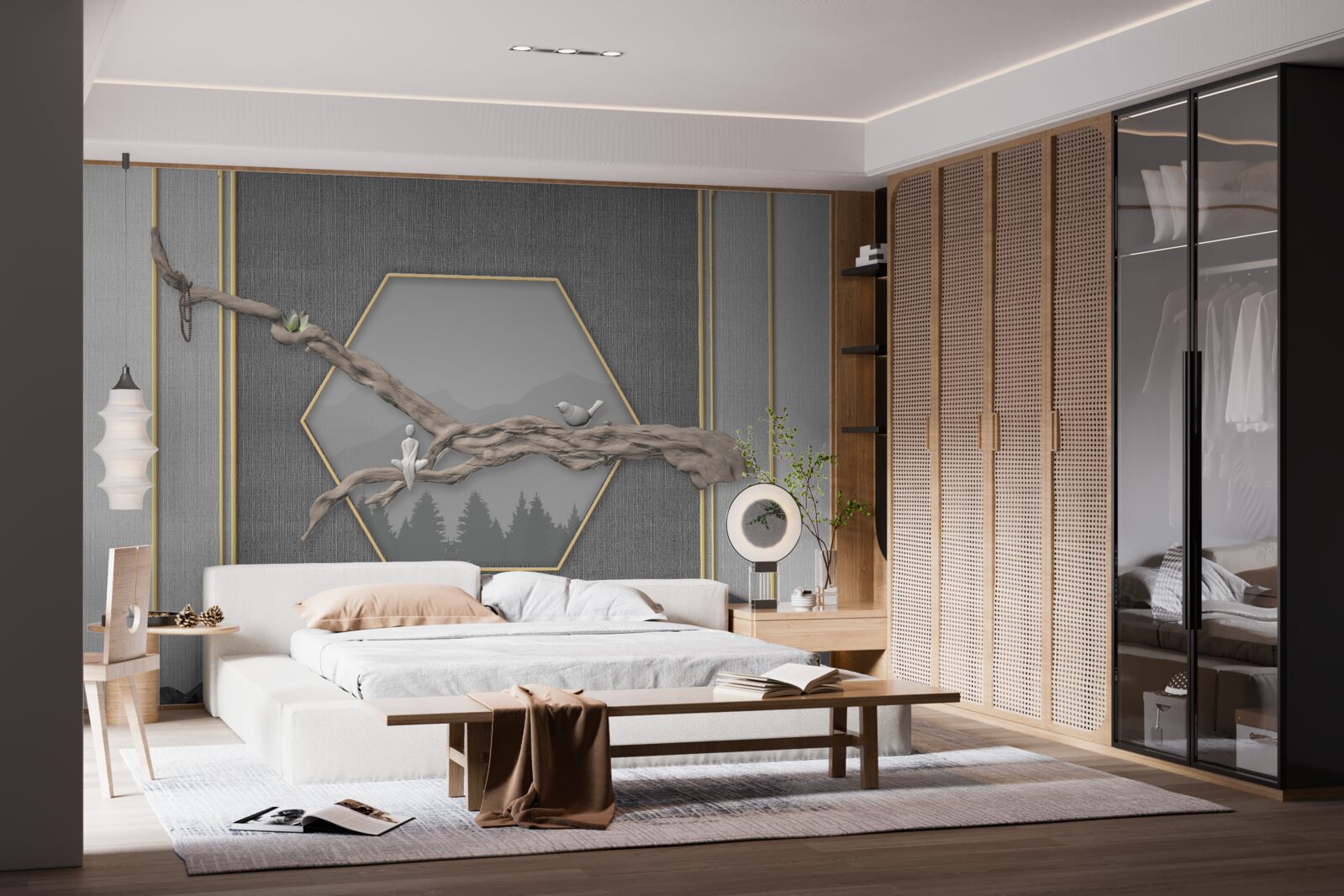 Fototapeta ptaki na gałęzi bonsai nad ciemnymi szczytami górskimi