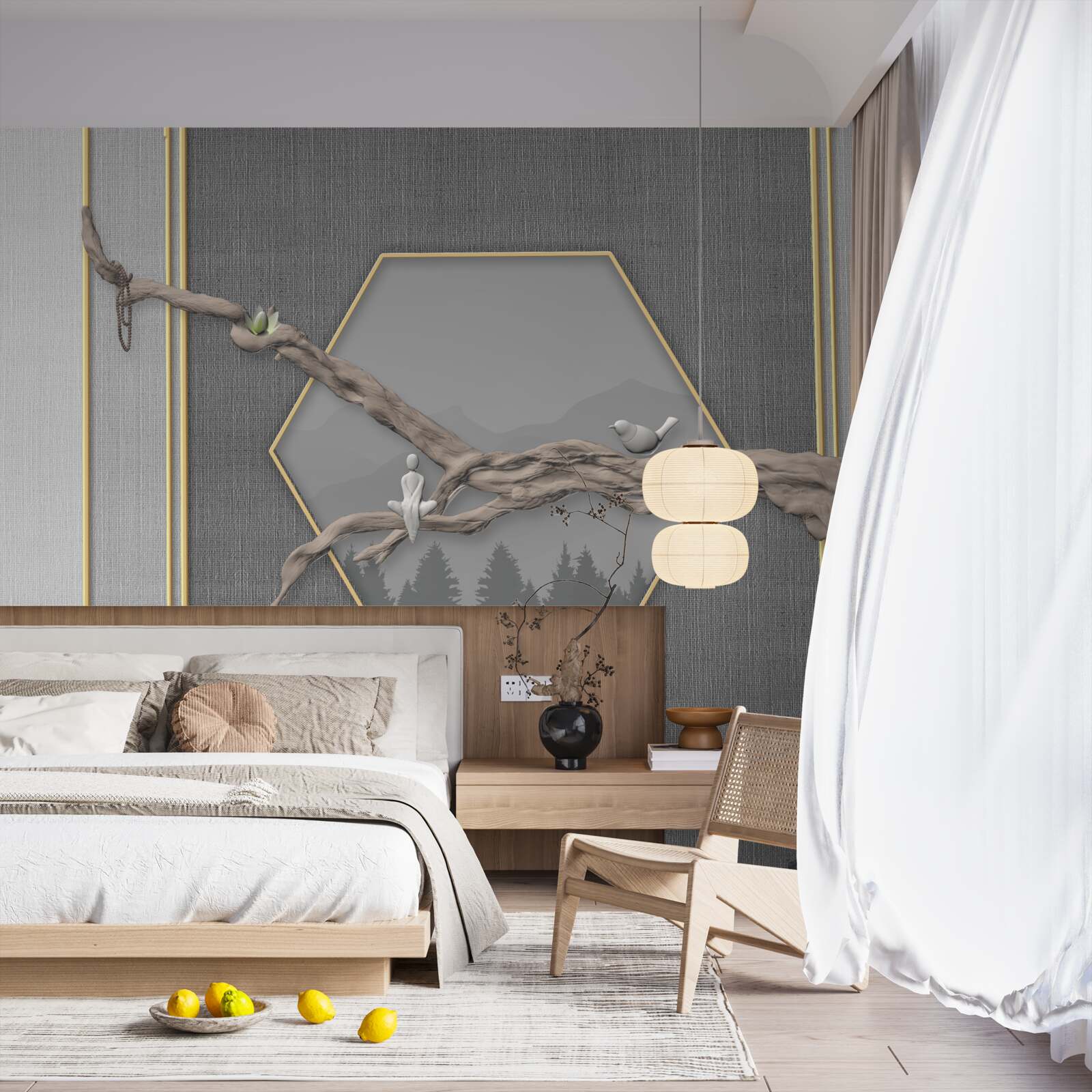 Fototapeta ptaki na gałęzi bonsai nad ciemnymi szczytami górskimi