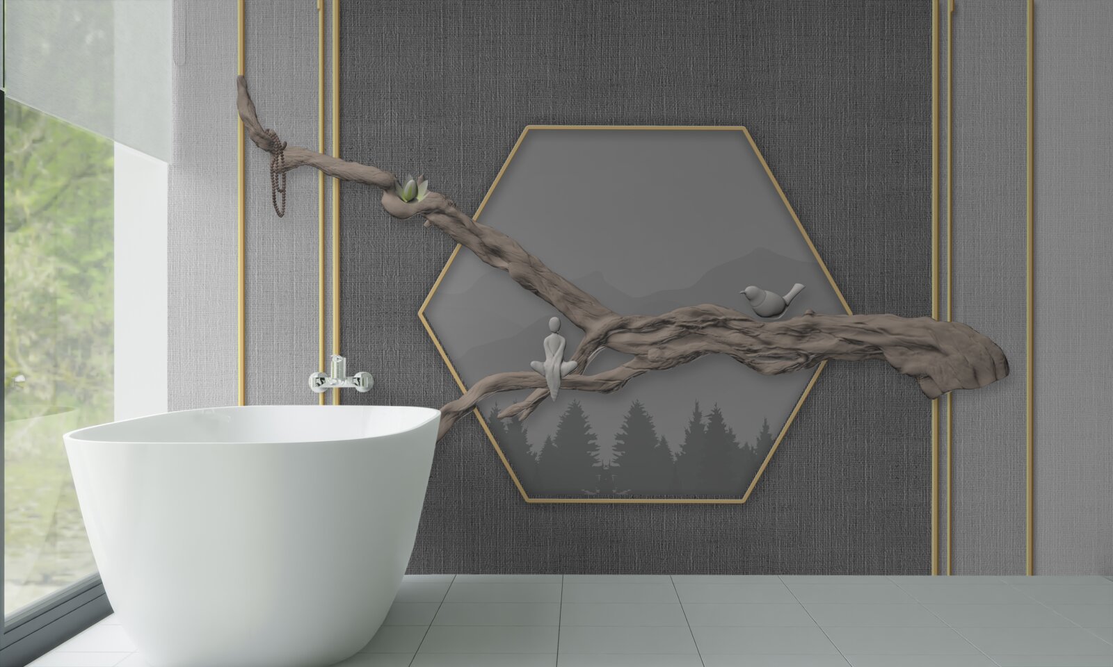 Fototapeta ptaki na gałęzi bonsai nad ciemnymi szczytami górskimi