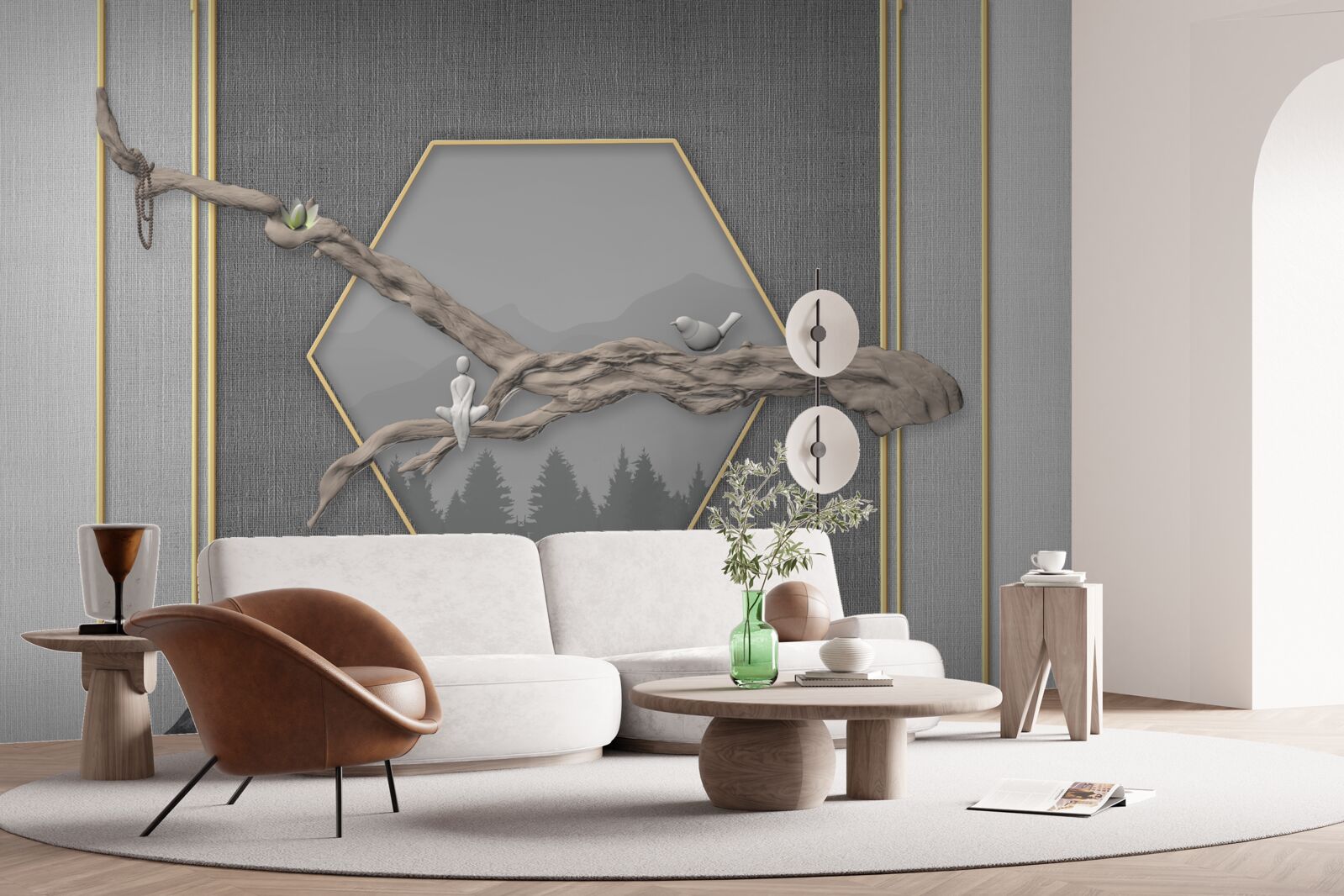 Fototapeta ptaki na gałęzi bonsai nad ciemnymi szczytami górskimi