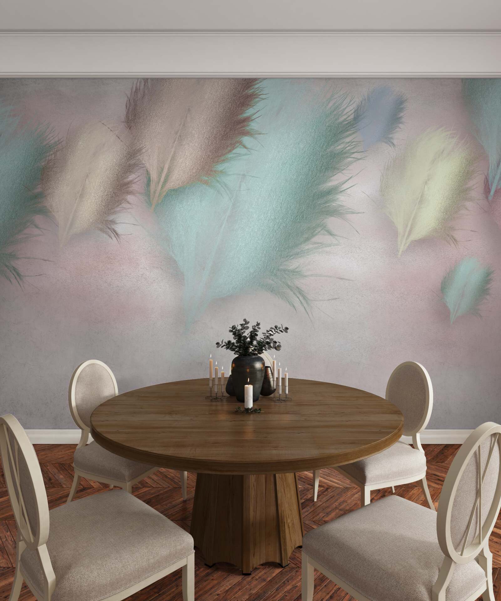 Fototapeta pióra w różnych odcieniach unoszą się na tle różowego nieba