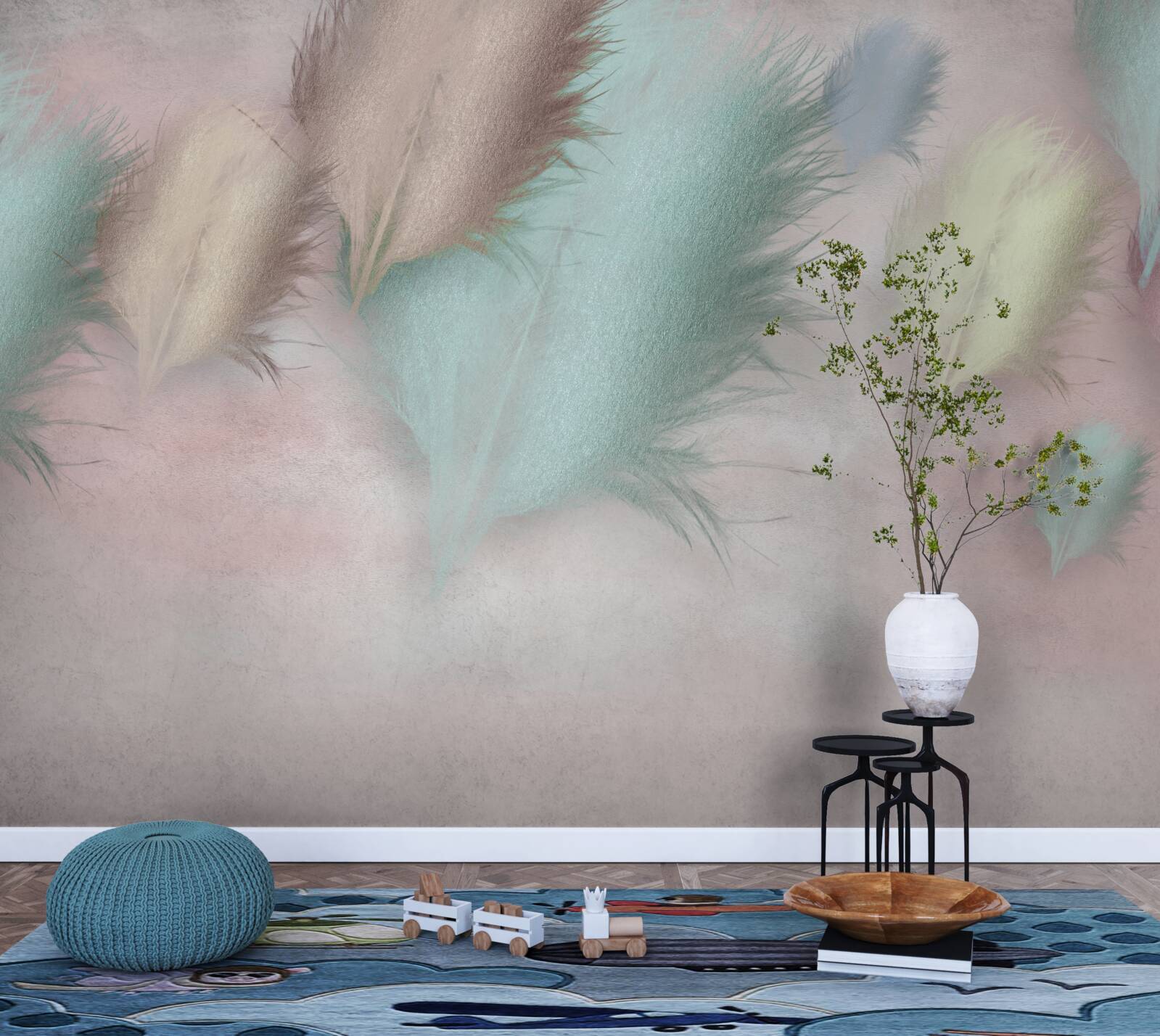 Fototapeta pióra w różnych odcieniach unoszą się na tle różowego nieba