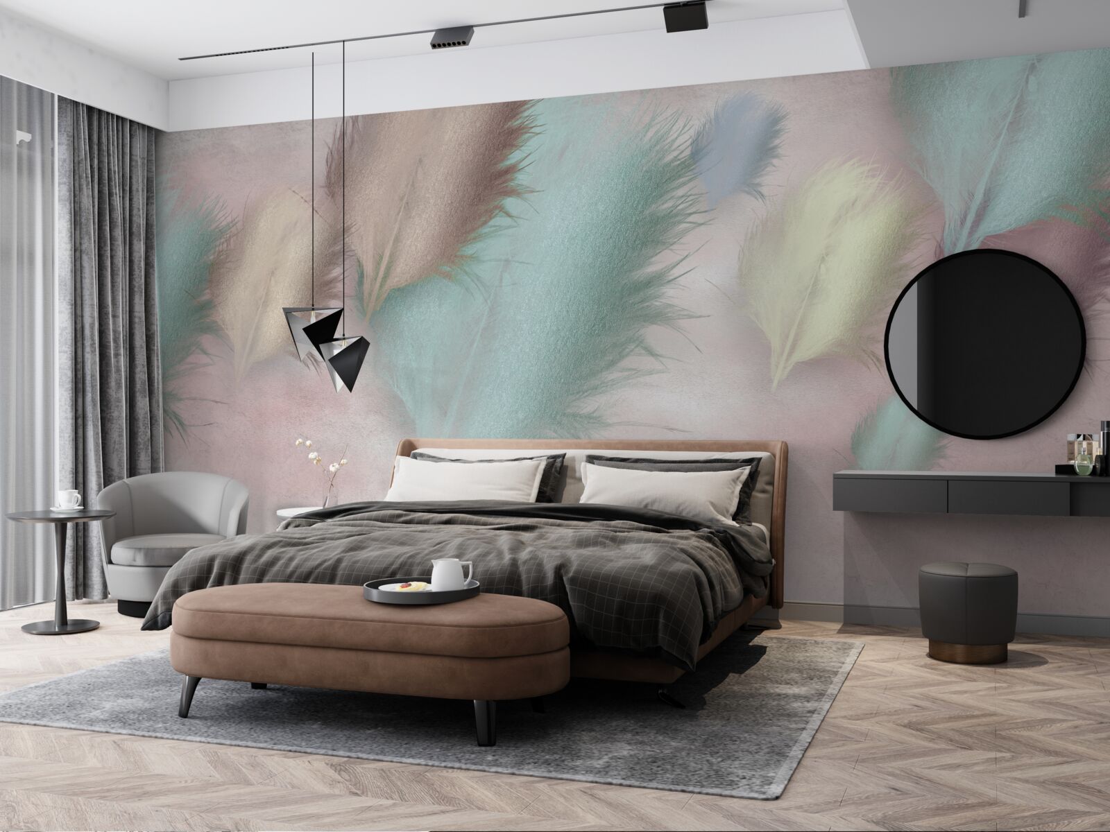 Fototapeta pióra w różnych odcieniach unoszą się na tle różowego nieba