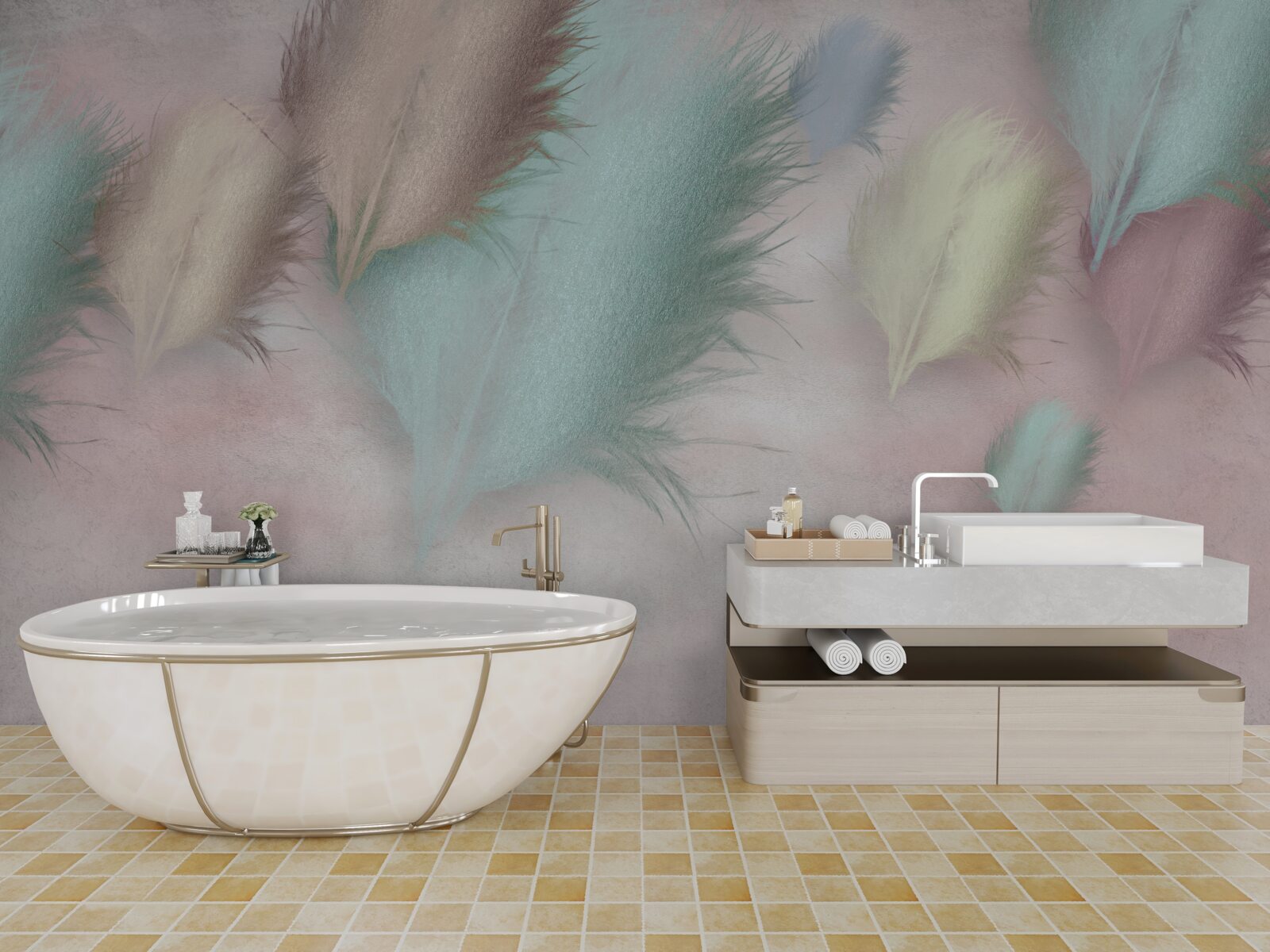 Fototapeta pióra w różnych odcieniach unoszą się na tle różowego nieba