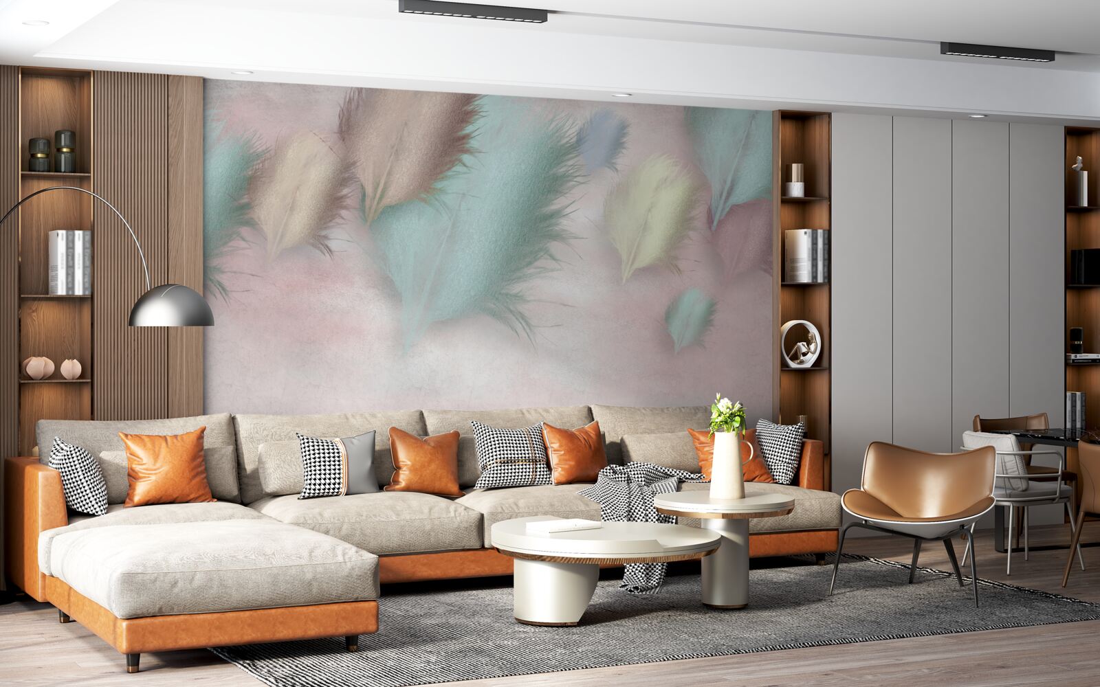 Fototapeta pióra w różnych odcieniach unoszą się na tle różowego nieba