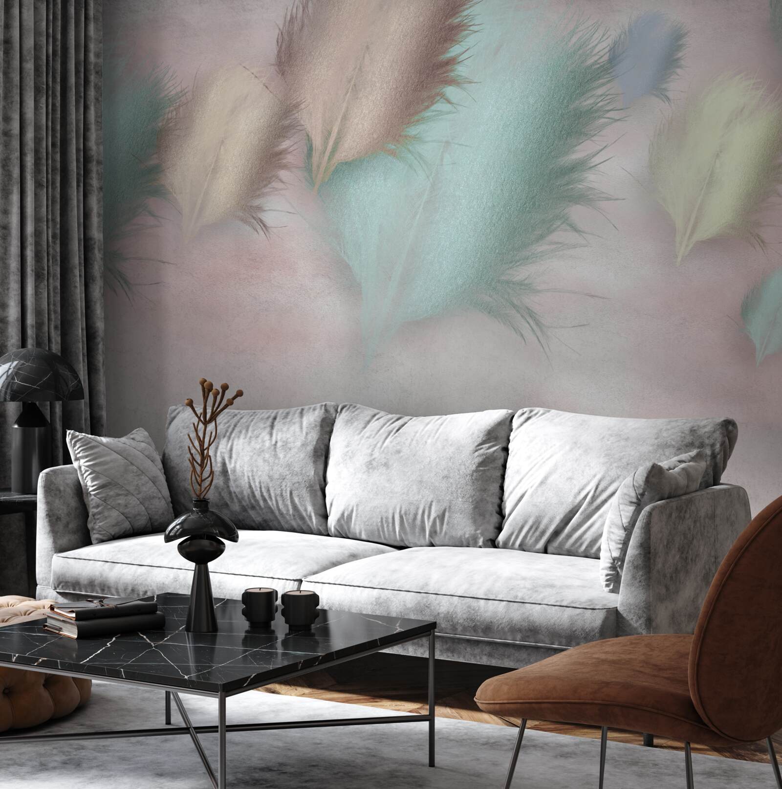 Fototapeta pióra w różnych odcieniach unoszą się na tle różowego nieba