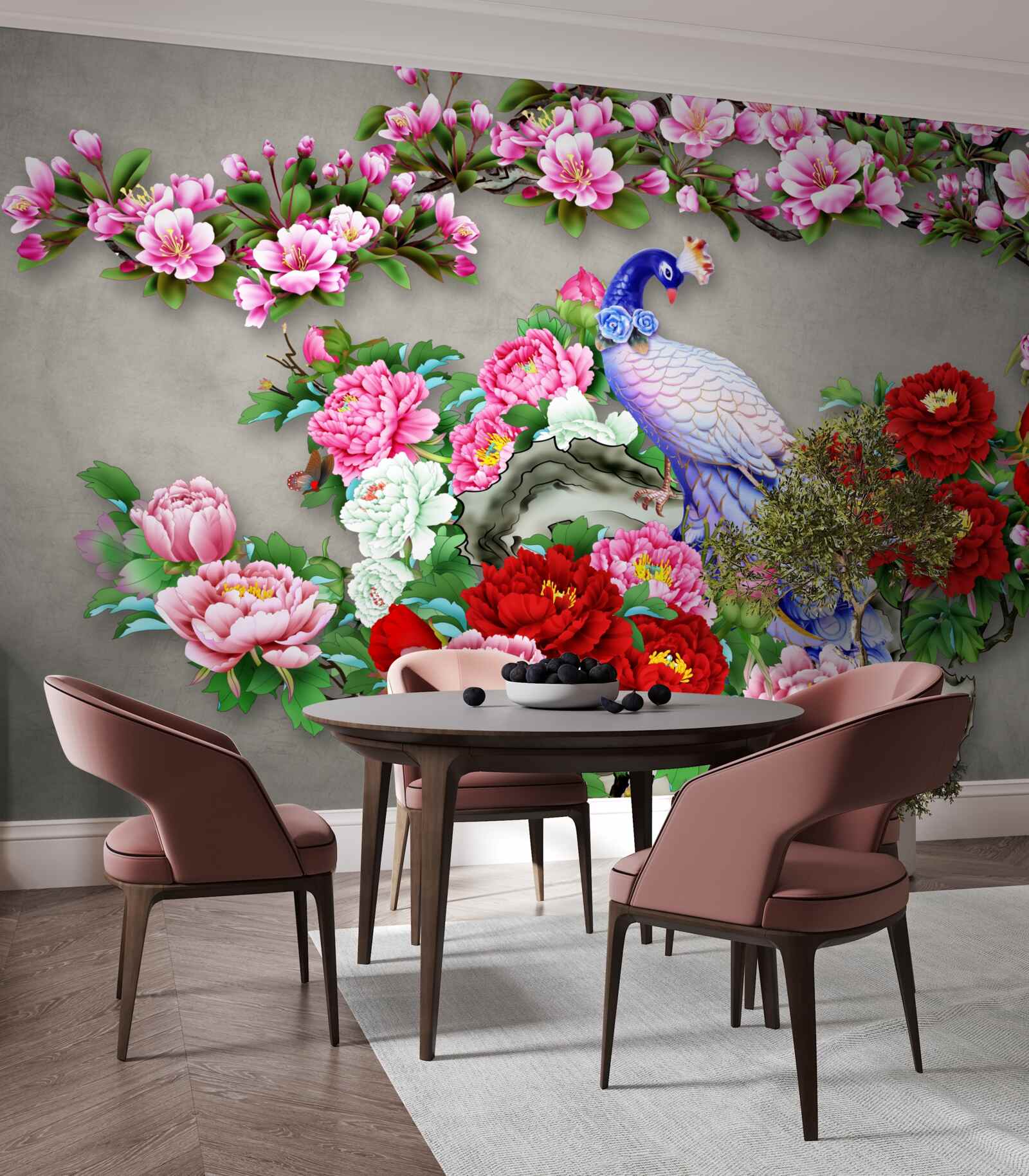 Fototapeta paw z pięknym upierzeniem na gałęziach kwitnących magnolii i róż