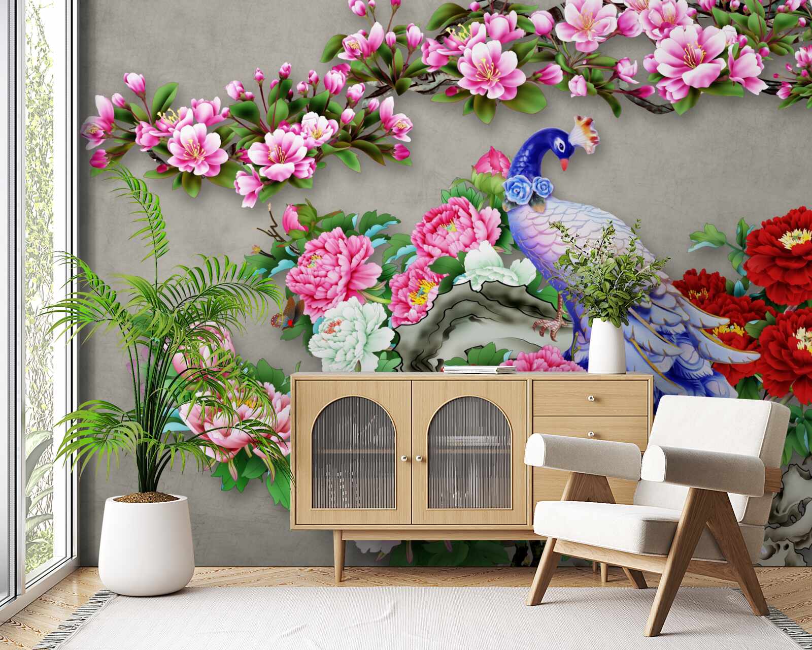 Fototapeta paw z pięknym upierzeniem na gałęziach kwitnących magnolii i róż