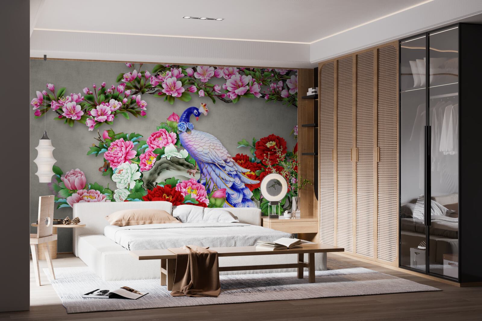 Fototapeta paw z pięknym upierzeniem na gałęziach kwitnących magnolii i róż