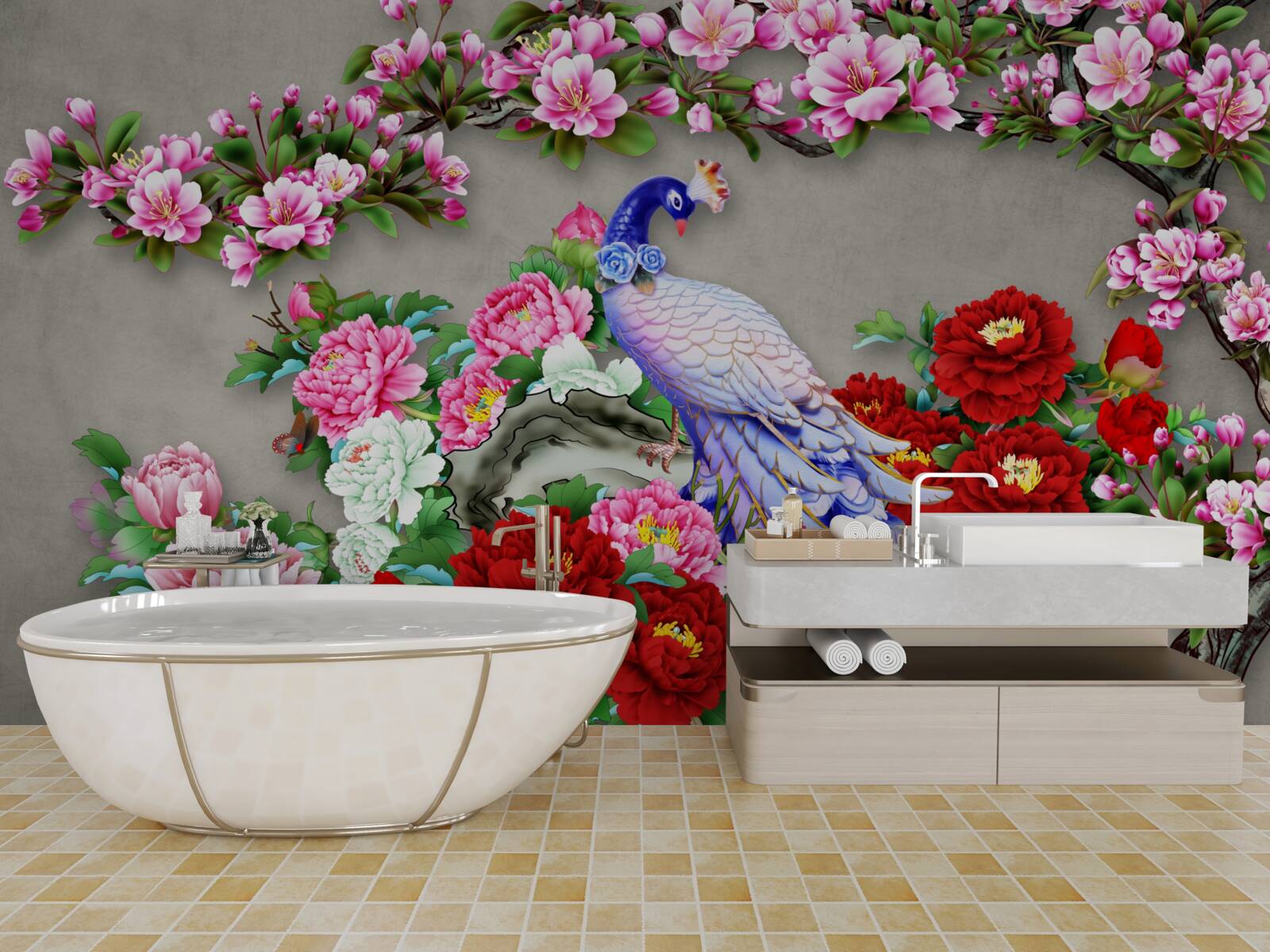 Fototapeta paw z pięknym upierzeniem na gałęziach kwitnących magnolii i róż