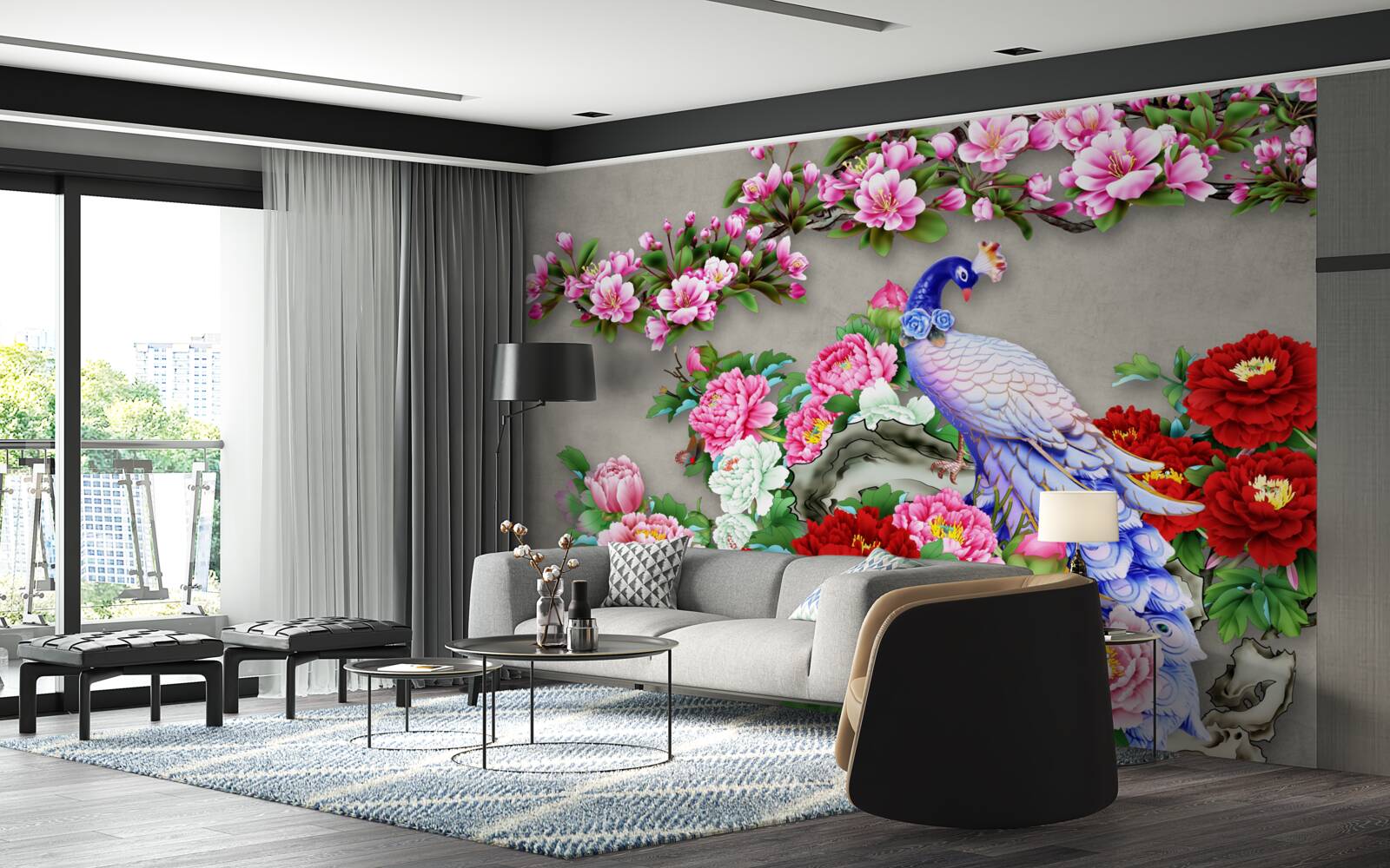 Fototapeta paw z pięknym upierzeniem na gałęziach kwitnących magnolii i róż