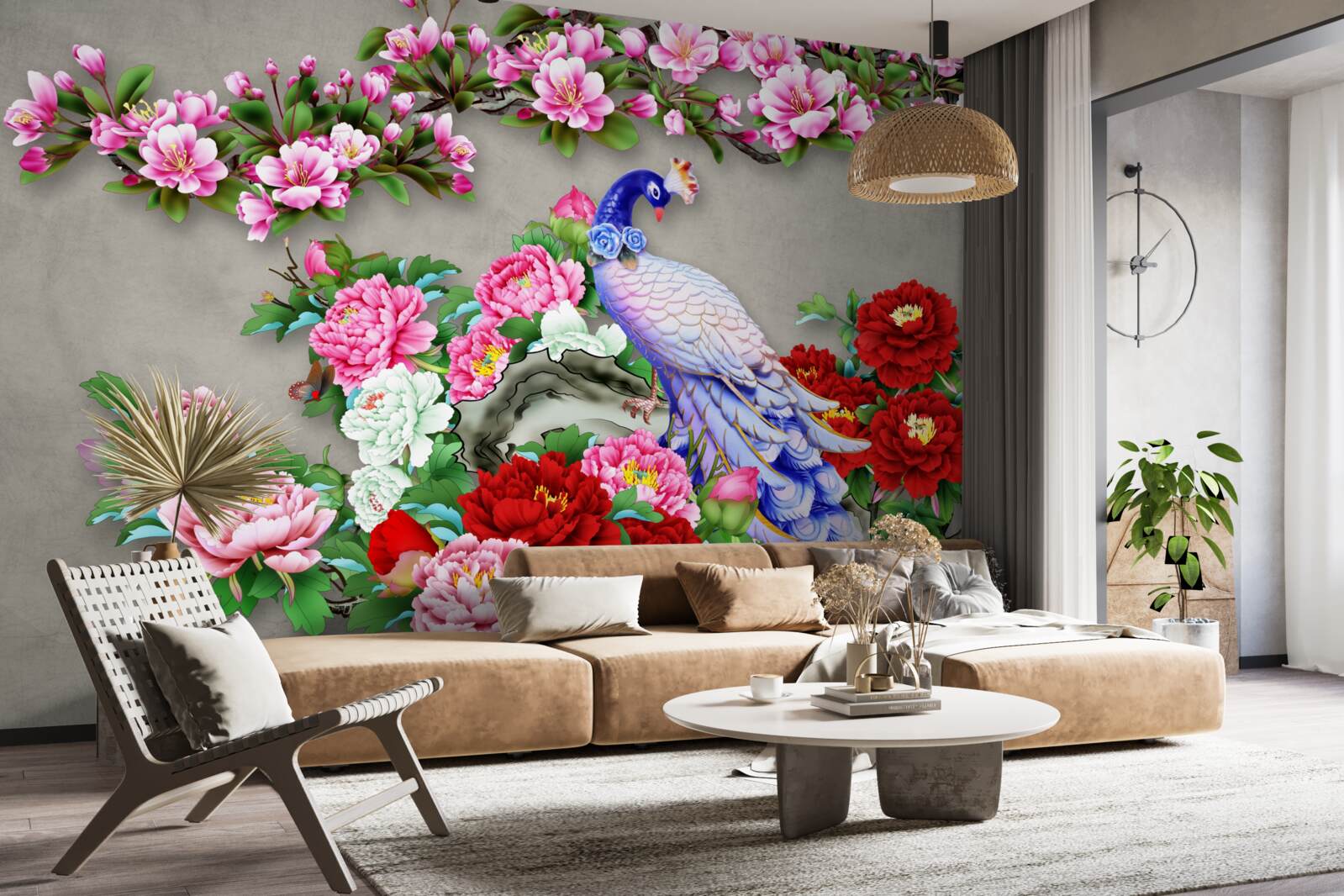 Fototapeta paw z pięknym upierzeniem na gałęziach kwitnących magnolii i róż