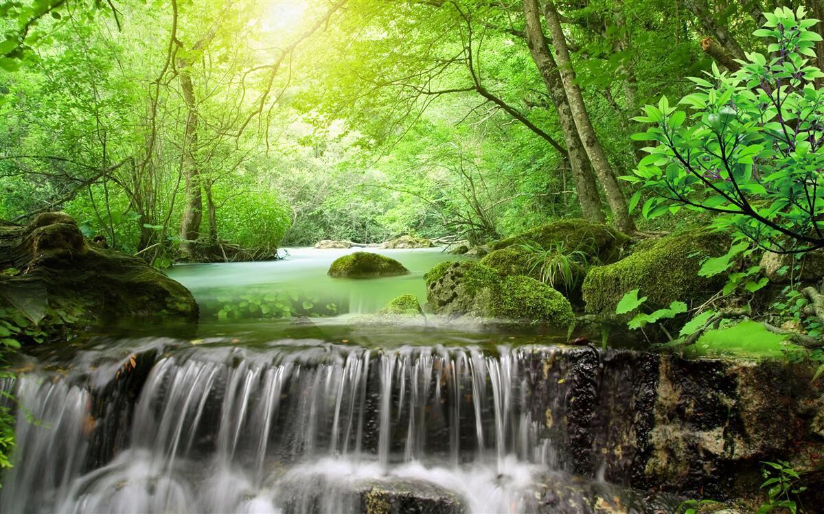 Fototapeta promienie słońca docierają do wodospadu