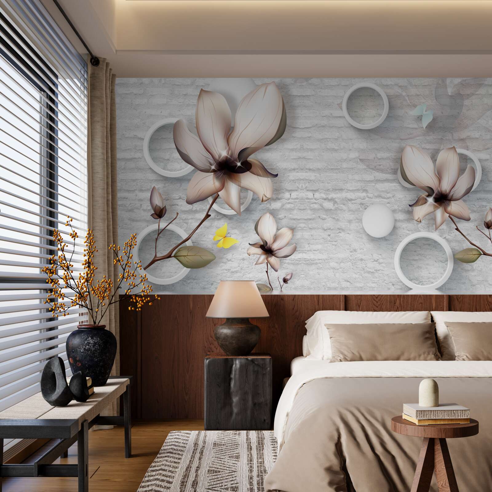 Fototapeta kolorowe pąki na niezwykłym ceglanym tle