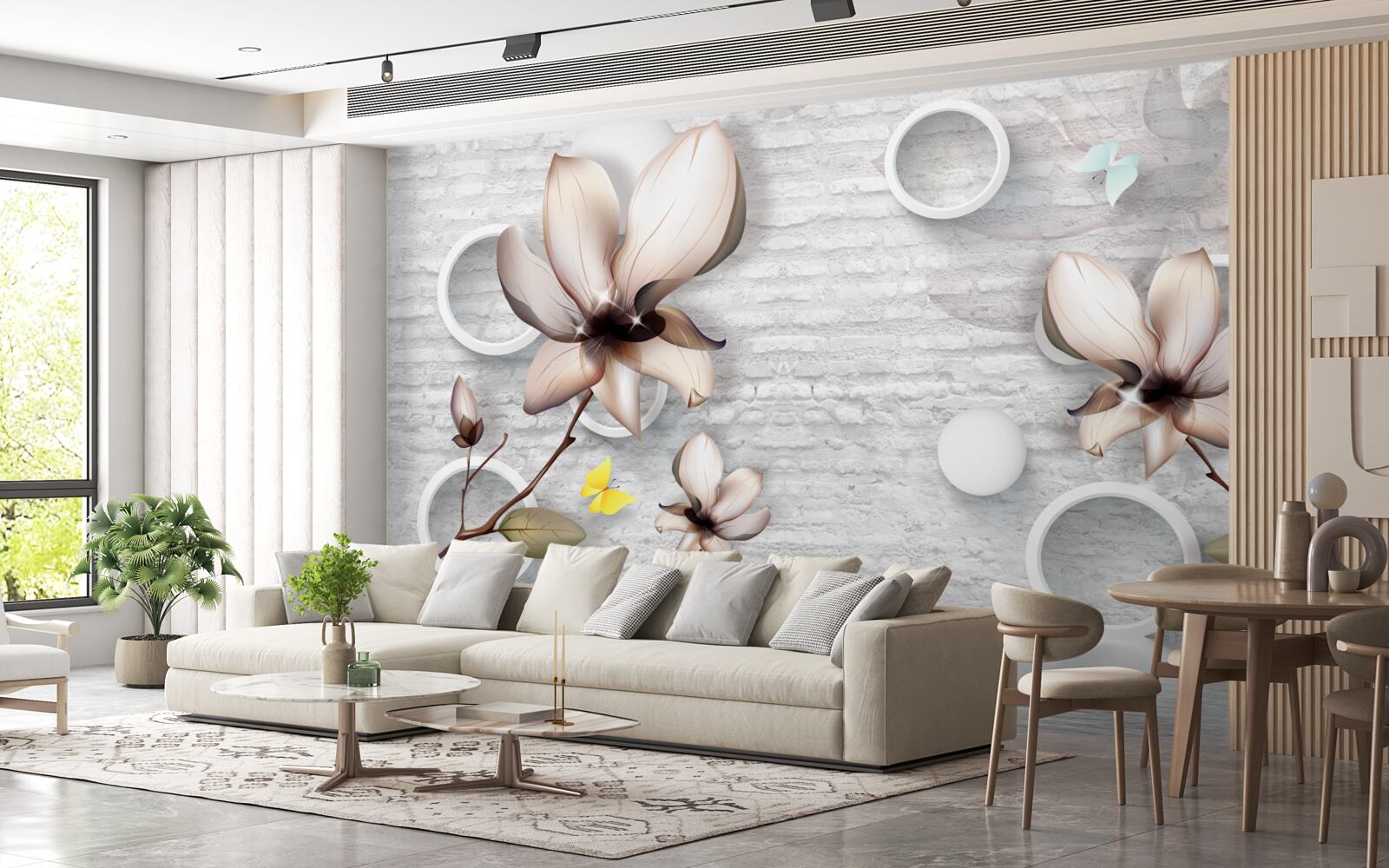 Fototapeta kolorowe pąki na niezwykłym ceglanym tle