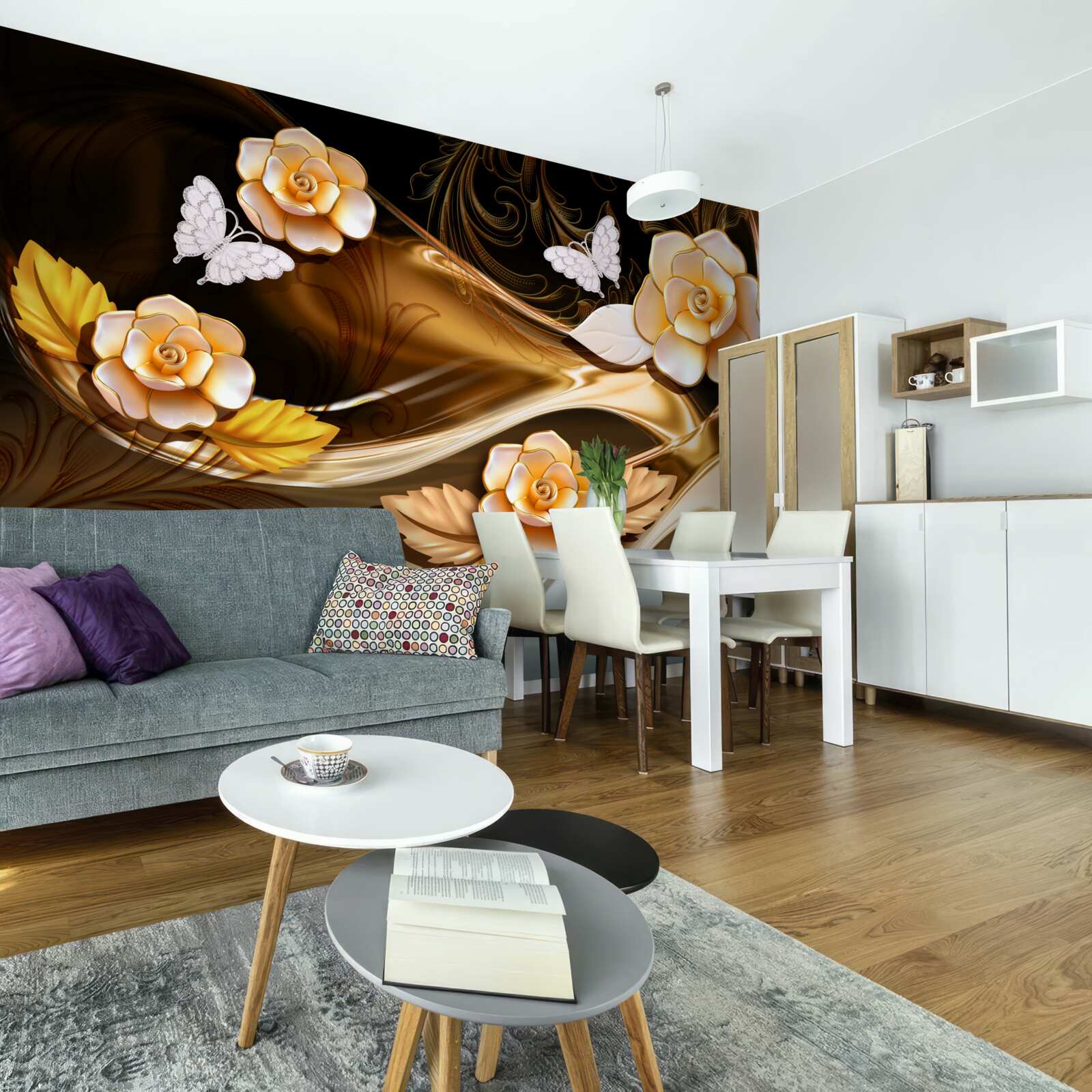 Fototapeta magnolie z kremowymi kwiatami na delikatnych gałązkach