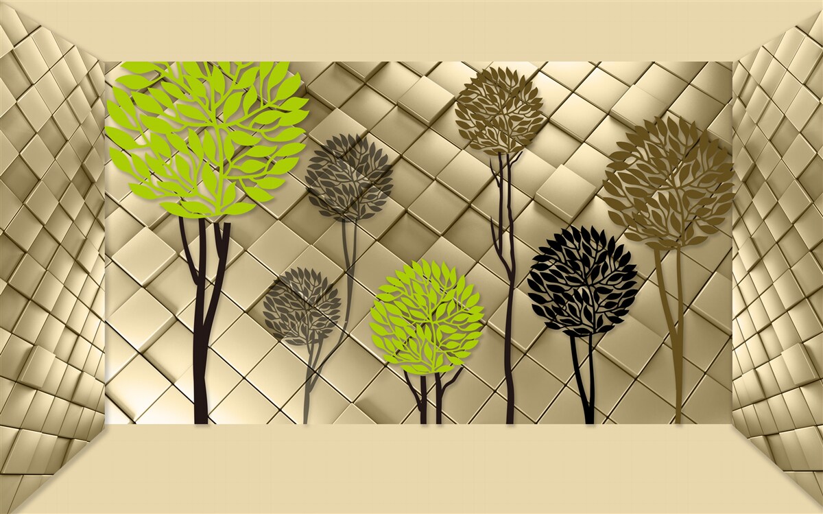 Fototapeta abstrakcje w odcieniach zieleni i brązu umieszczone są na złotej podstawie