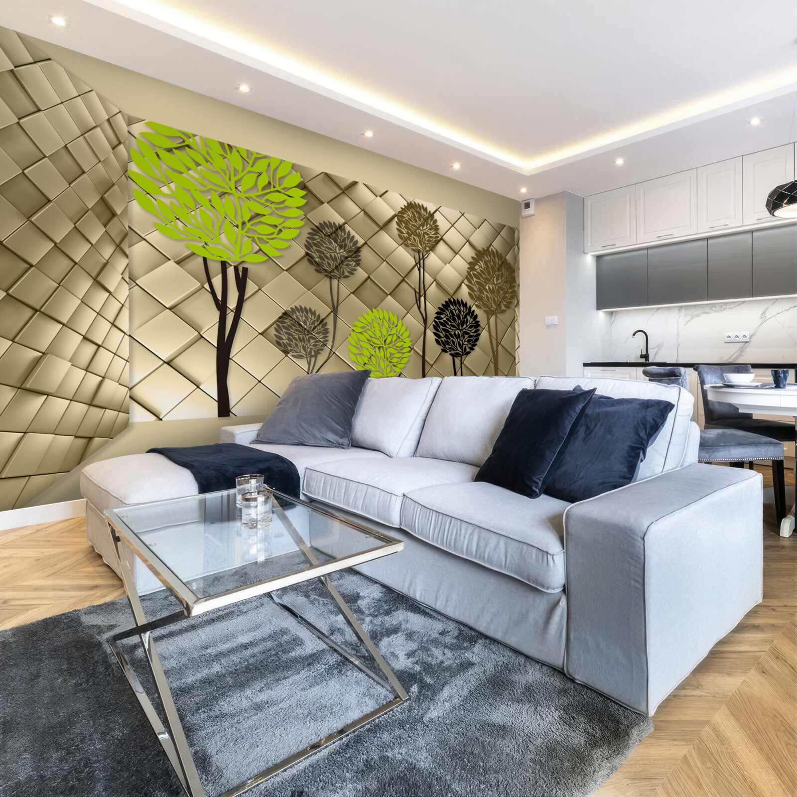 Fototapeta abstrakcje w odcieniach zieleni i brązu umieszczone są na złotej podstawie