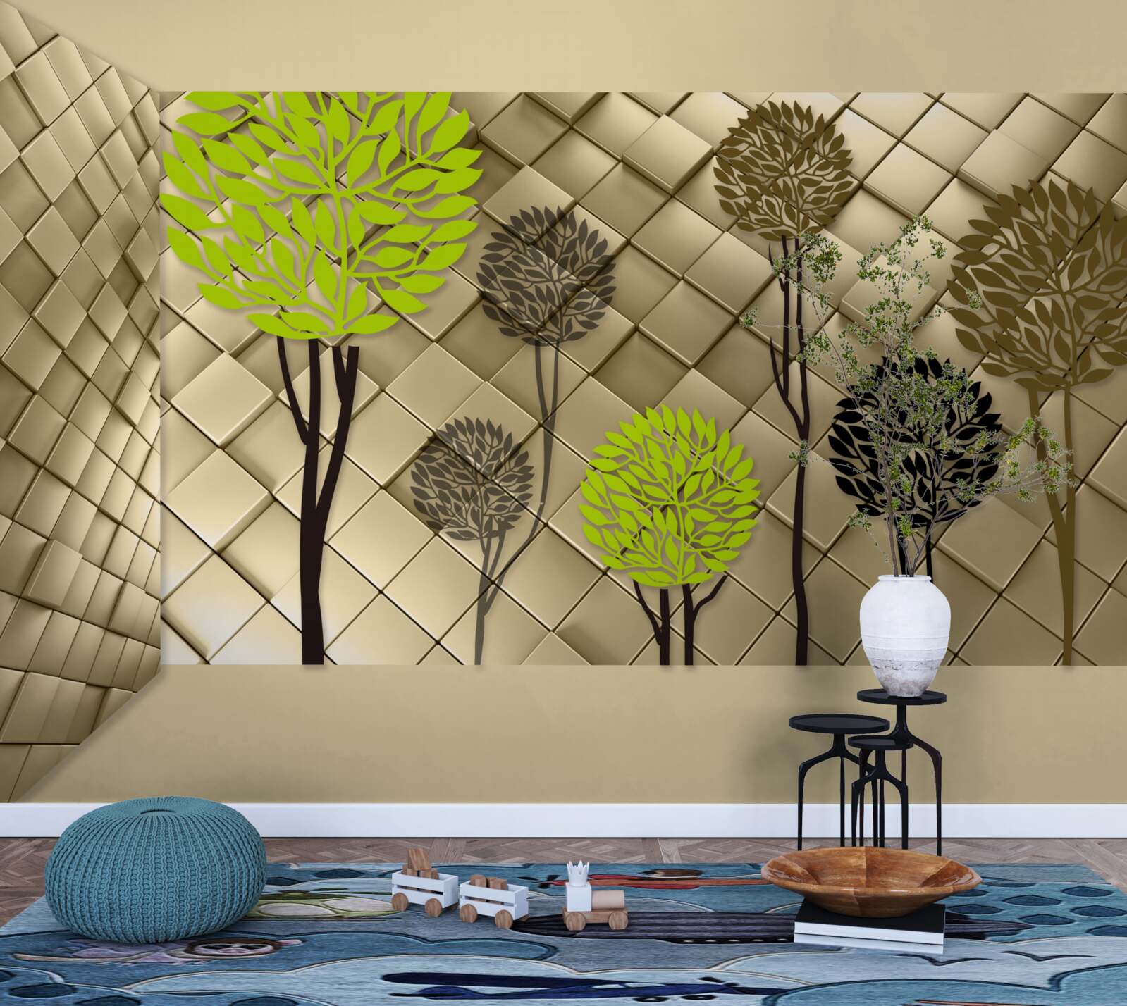 Fototapeta abstrakcje w odcieniach zieleni i brązu umieszczone są na złotej podstawie