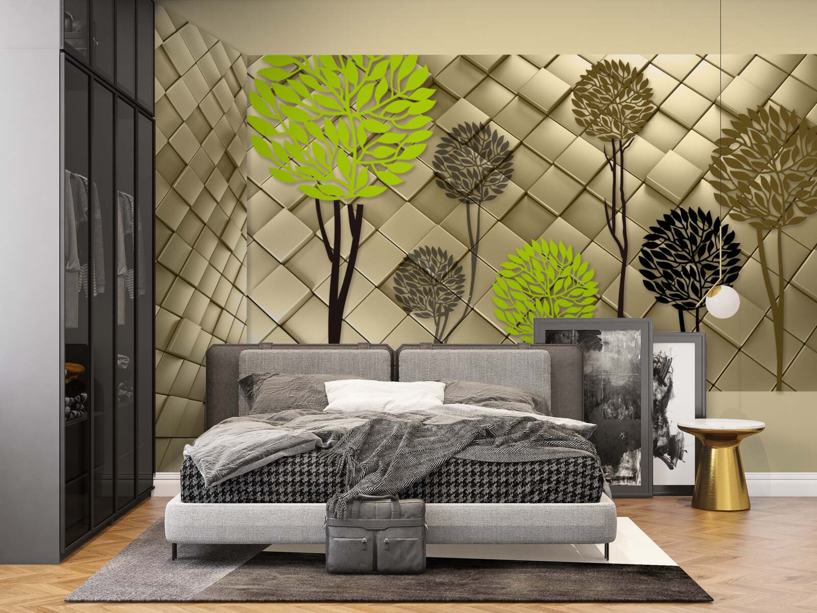 Fototapeta abstrakcje w odcieniach zieleni i brązu umieszczone są na złotej podstawie