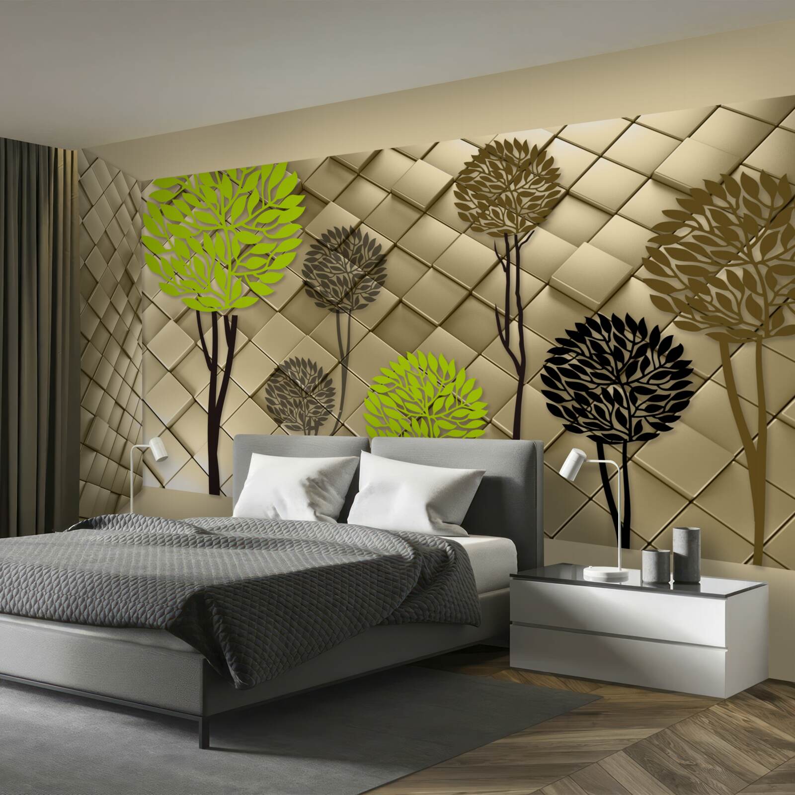 Fototapeta abstrakcje w odcieniach zieleni i brązu umieszczone są na złotej podstawie