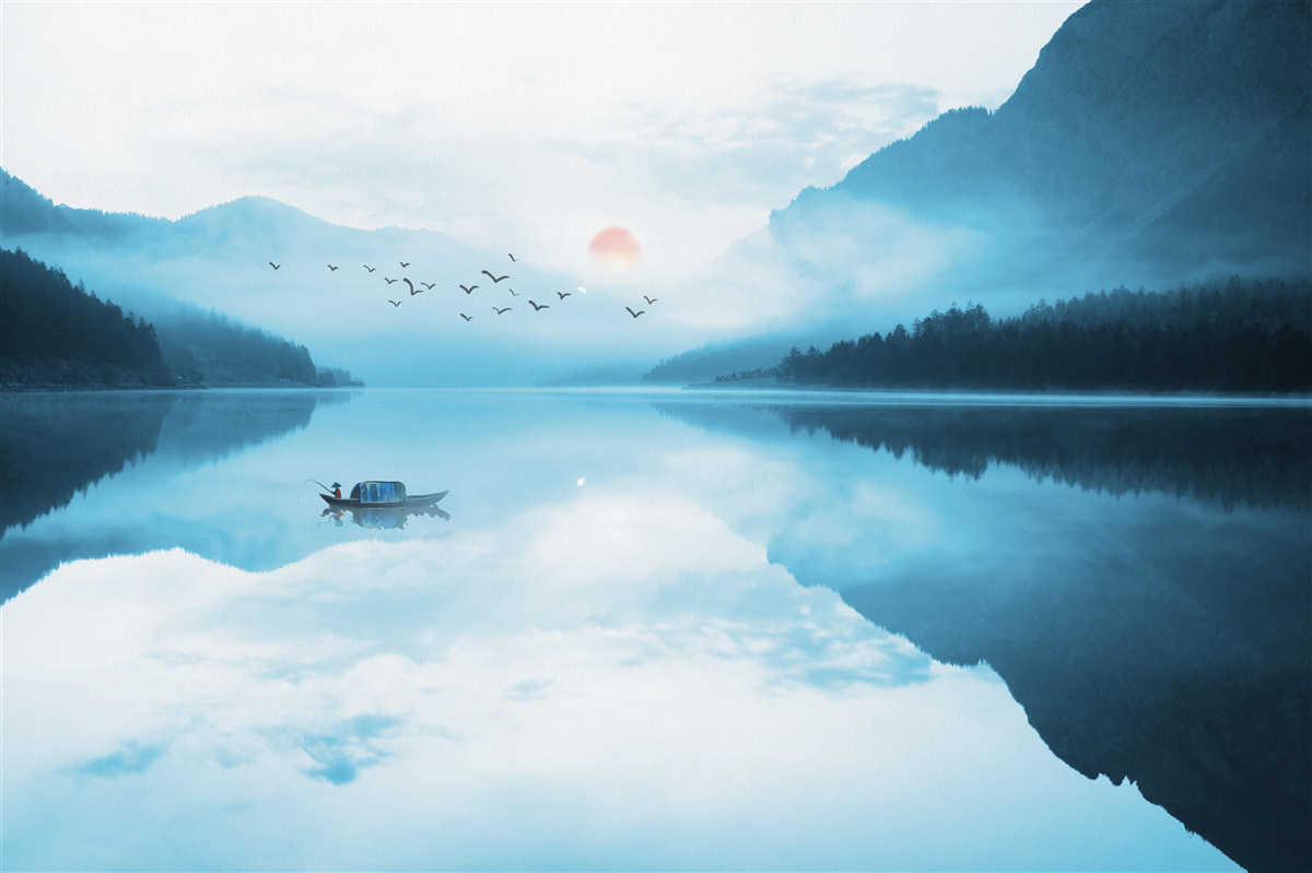 Fototapeta o zachodzie słońca rybak jest na głębokiej wodzie