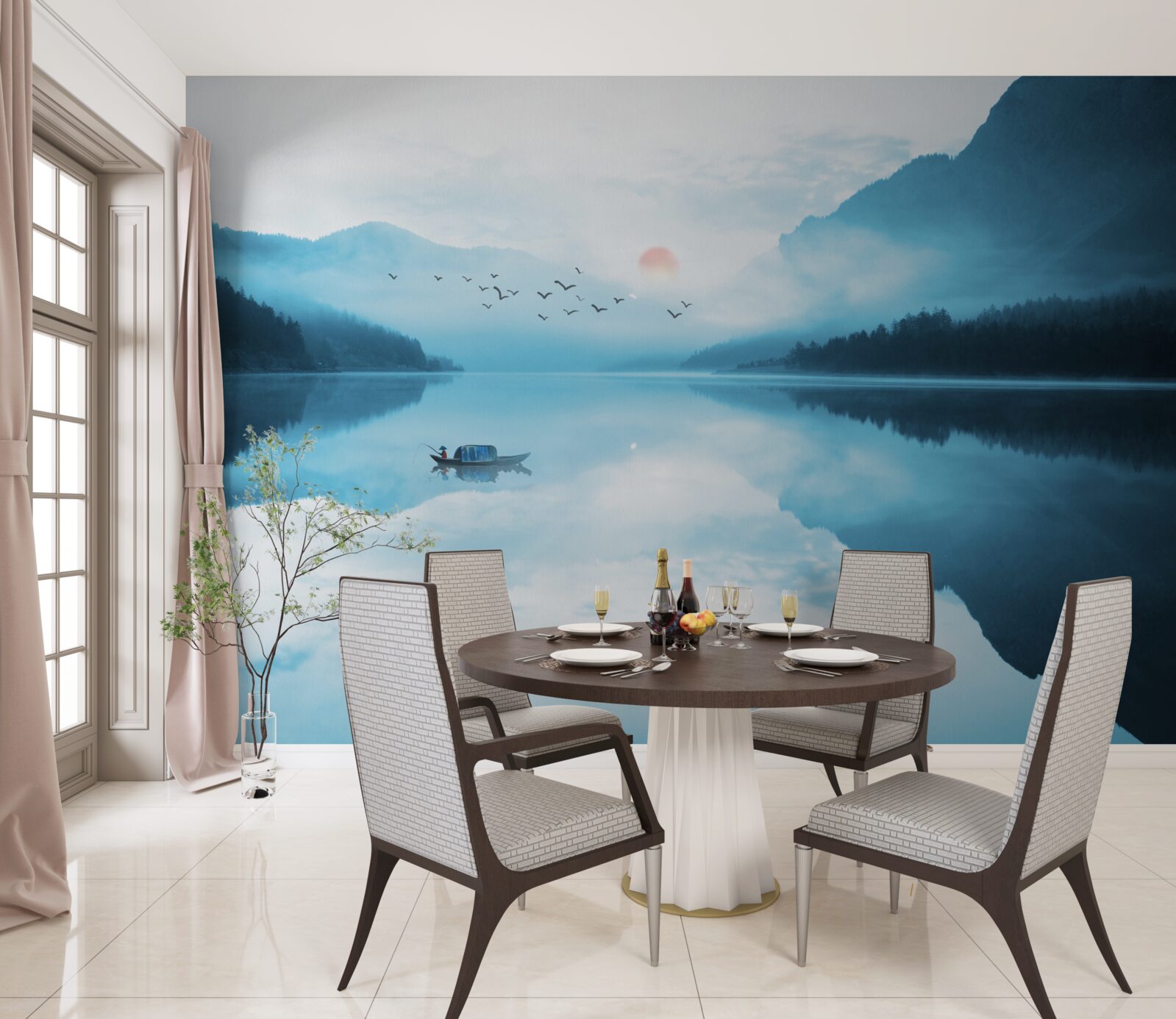 Fototapeta o zachodzie słońca rybak jest na głębokiej wodzie