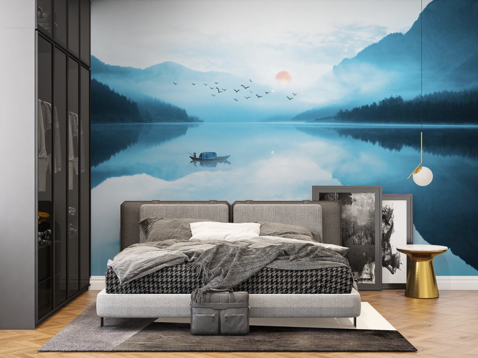 Fototapeta o zachodzie słońca rybak jest na głębokiej wodzie