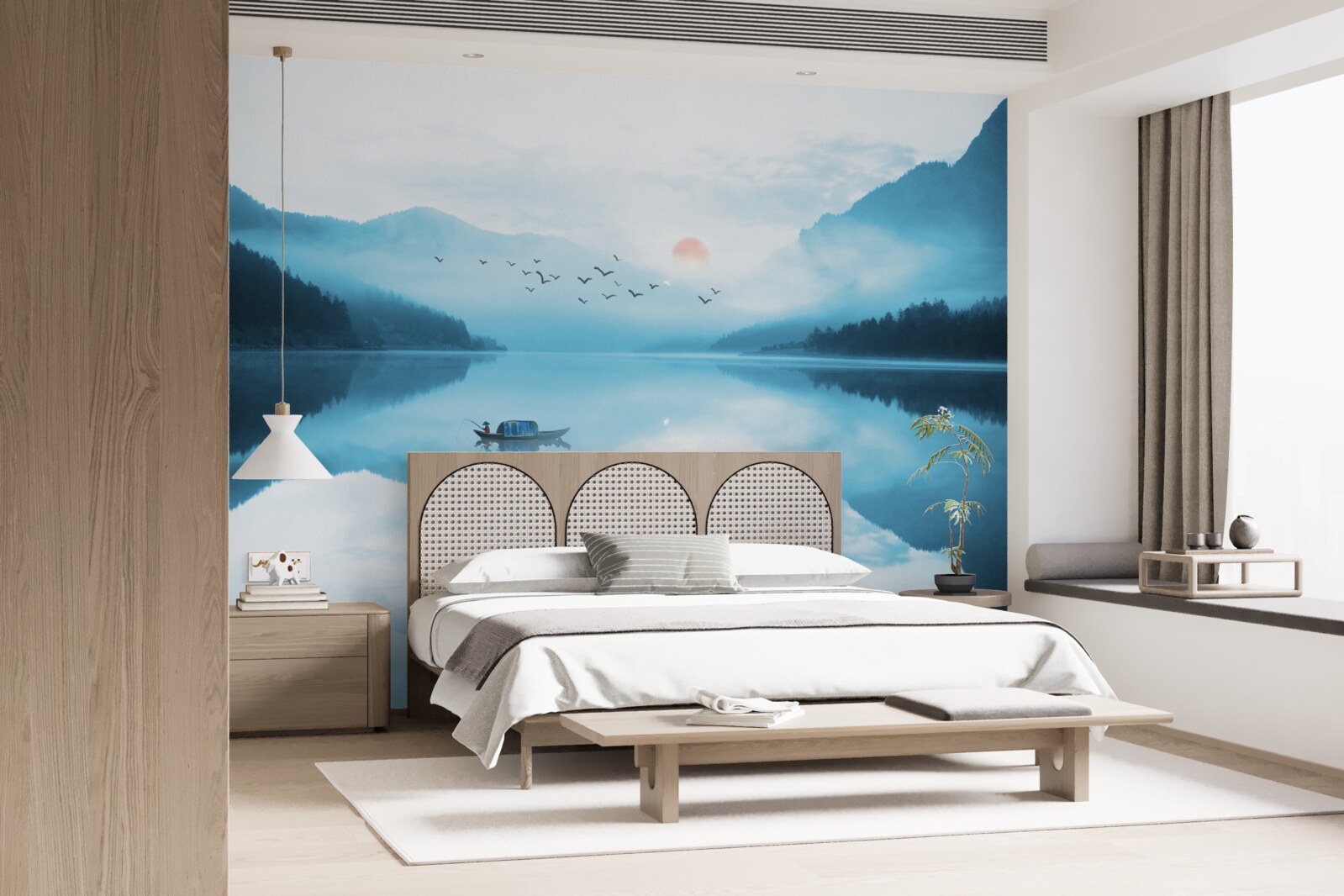 Fototapeta o zachodzie słońca rybak jest na głębokiej wodzie