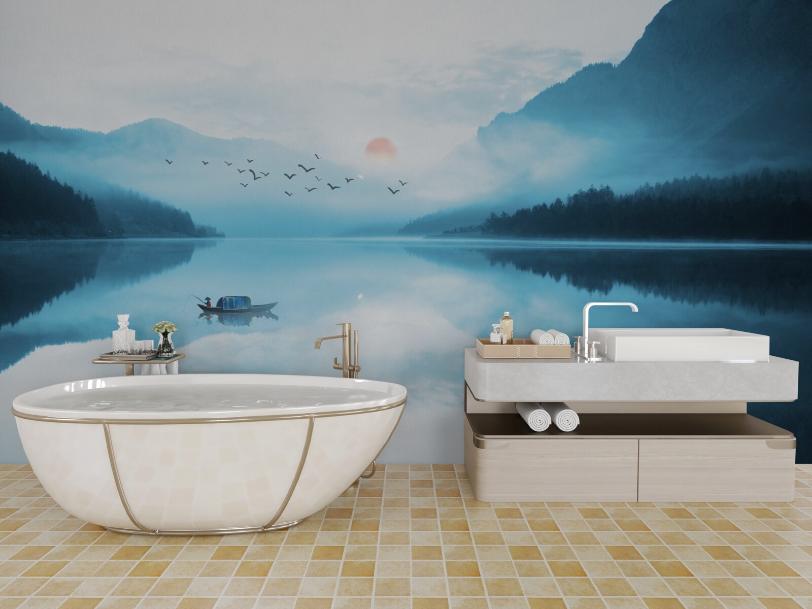 Fototapeta o zachodzie słońca rybak jest na głębokiej wodzie