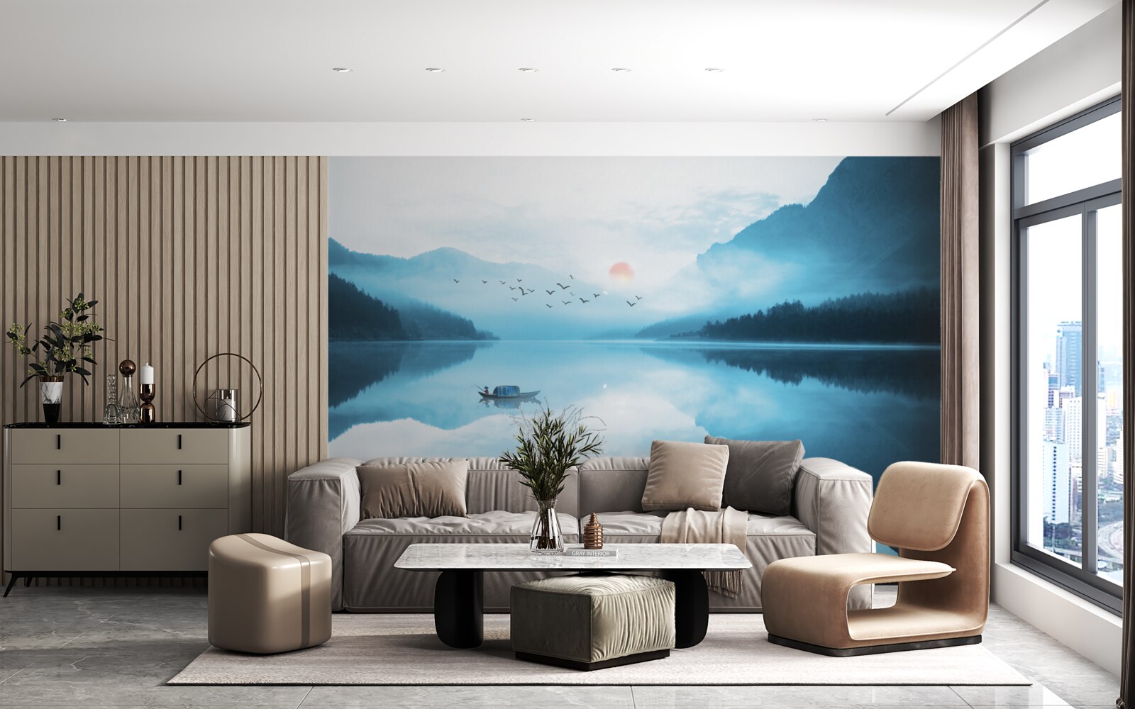 Fototapeta o zachodzie słońca rybak jest na głębokiej wodzie