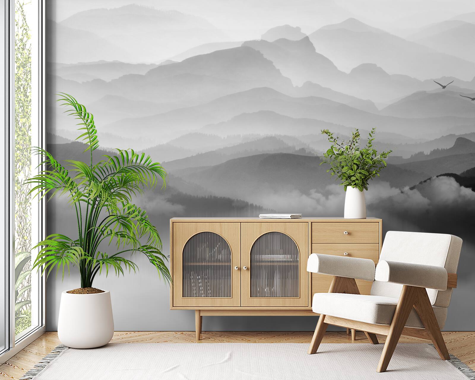 Fototapeta rybak wraca przez mgliste górskie jezioro