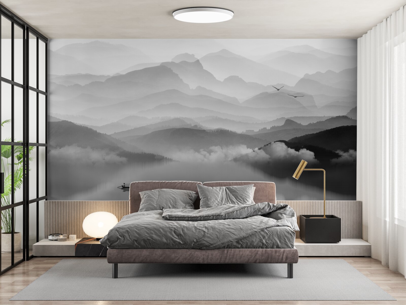 Fototapeta rybak wraca przez mgliste górskie jezioro