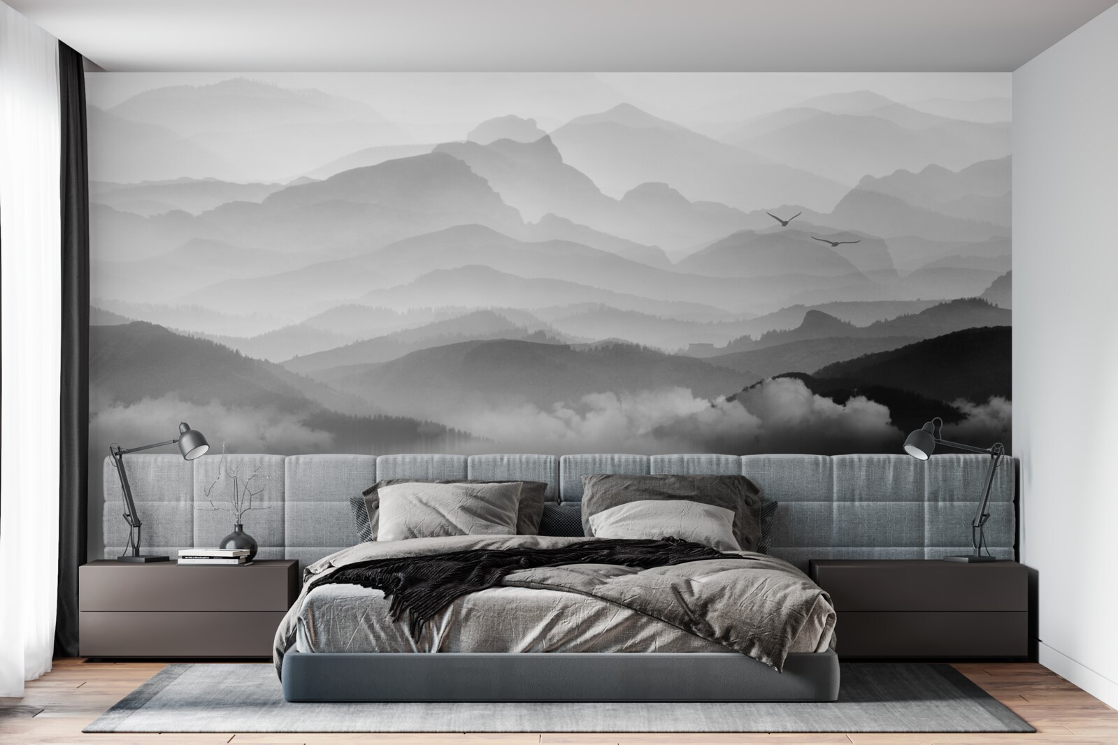 Fototapeta rybak wraca przez mgliste górskie jezioro