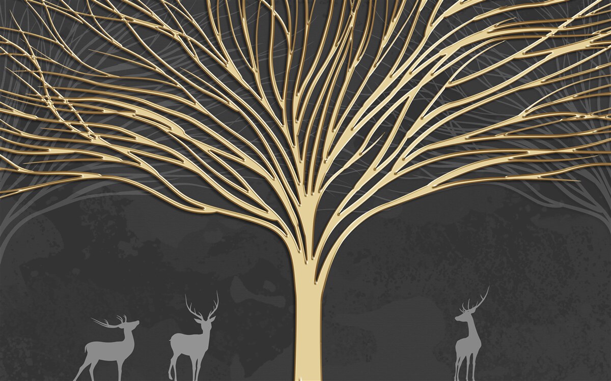 Fototapeta stado jeleni i złote drzewo