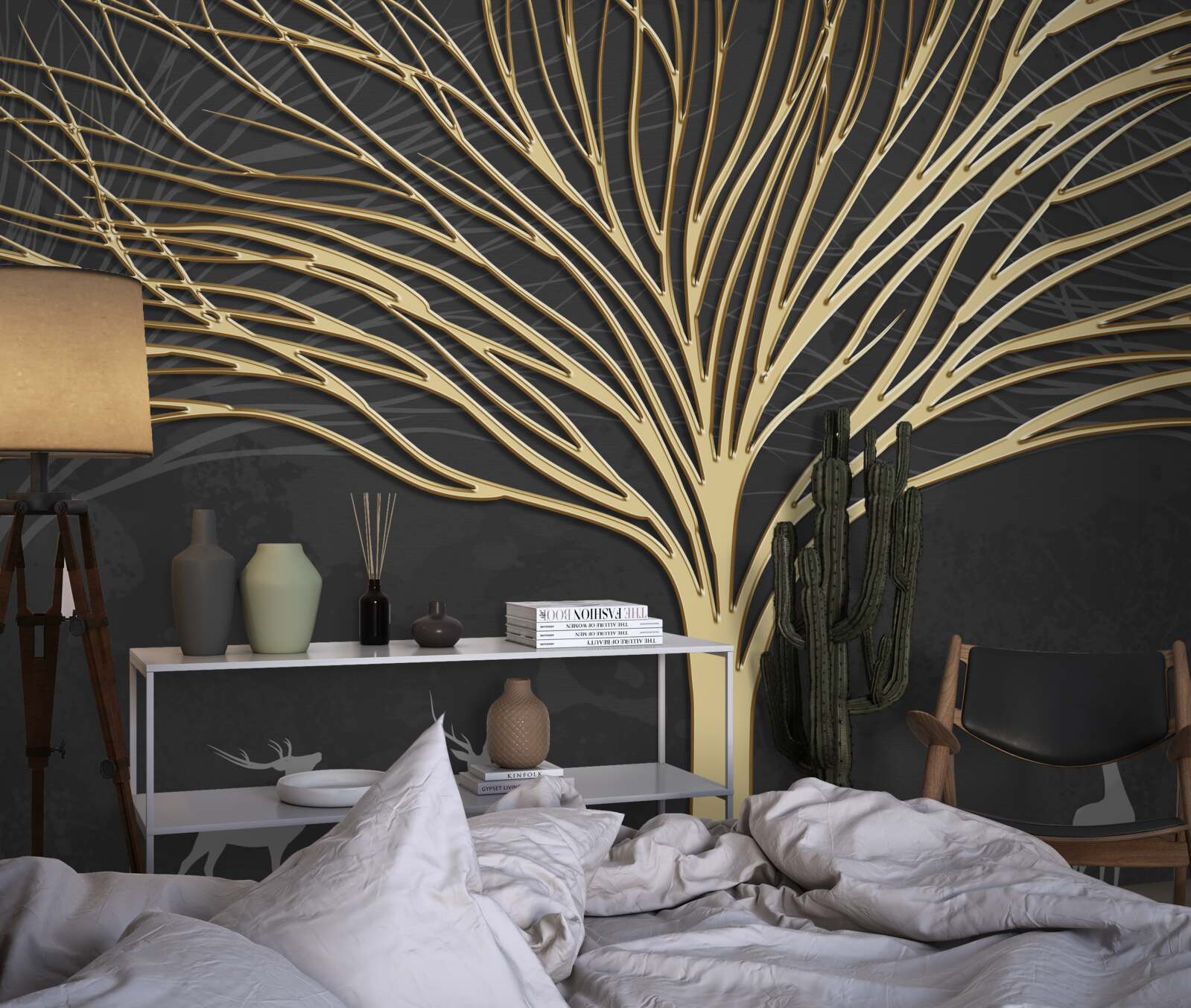 Fototapeta stado jeleni i złote drzewo