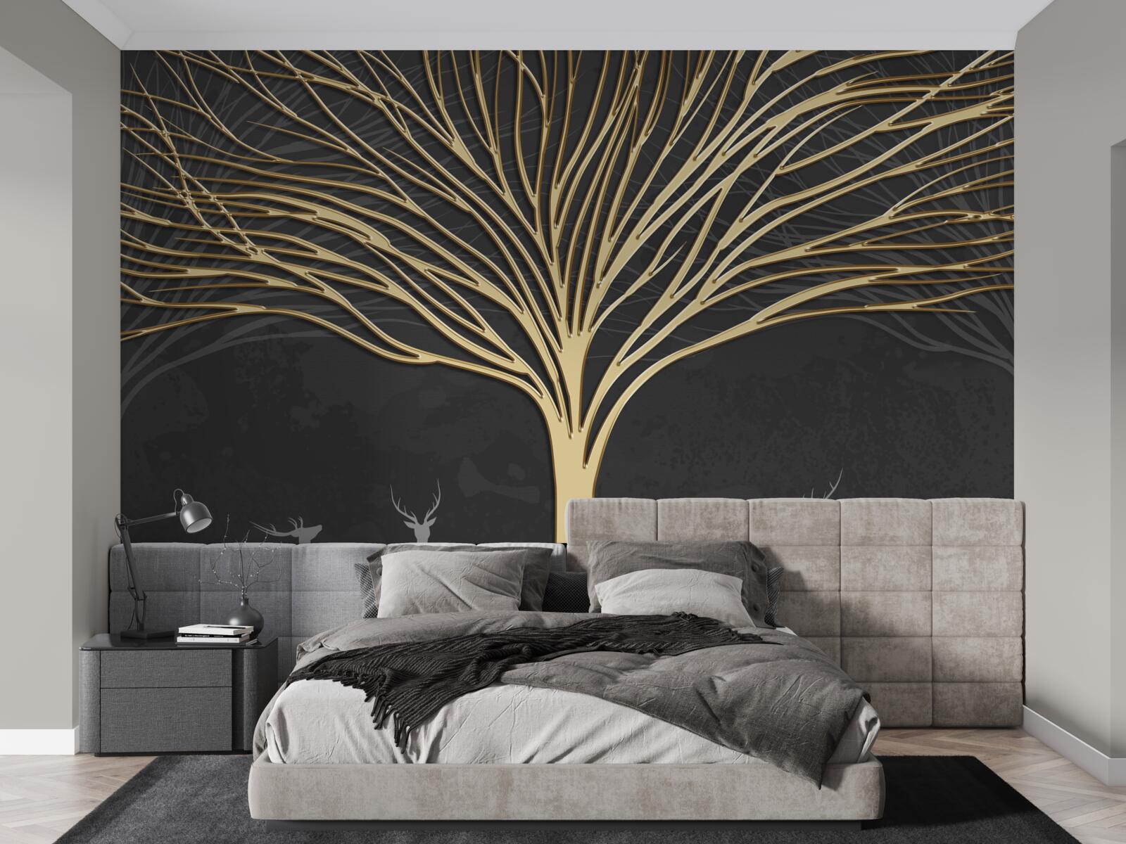 Fototapeta stado jeleni i złote drzewo