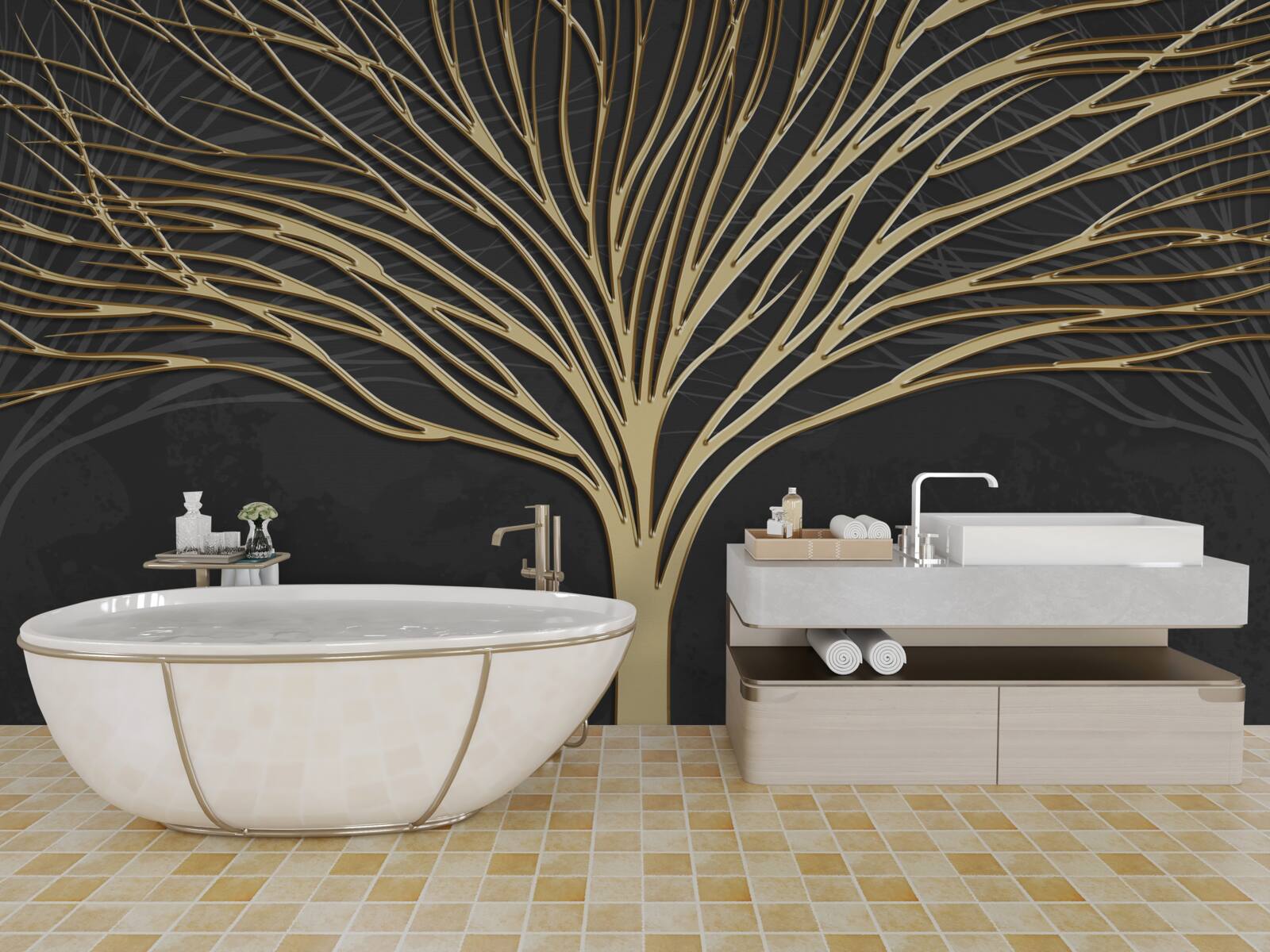 Fototapeta stado jeleni i złote drzewo