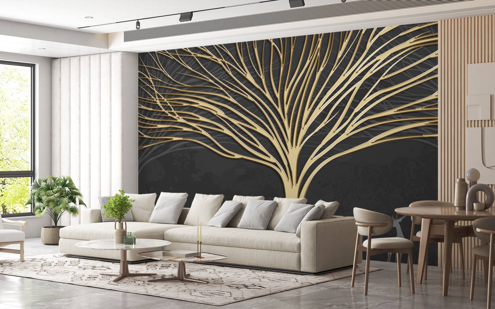 Fototapeta stado jeleni i złote drzewo